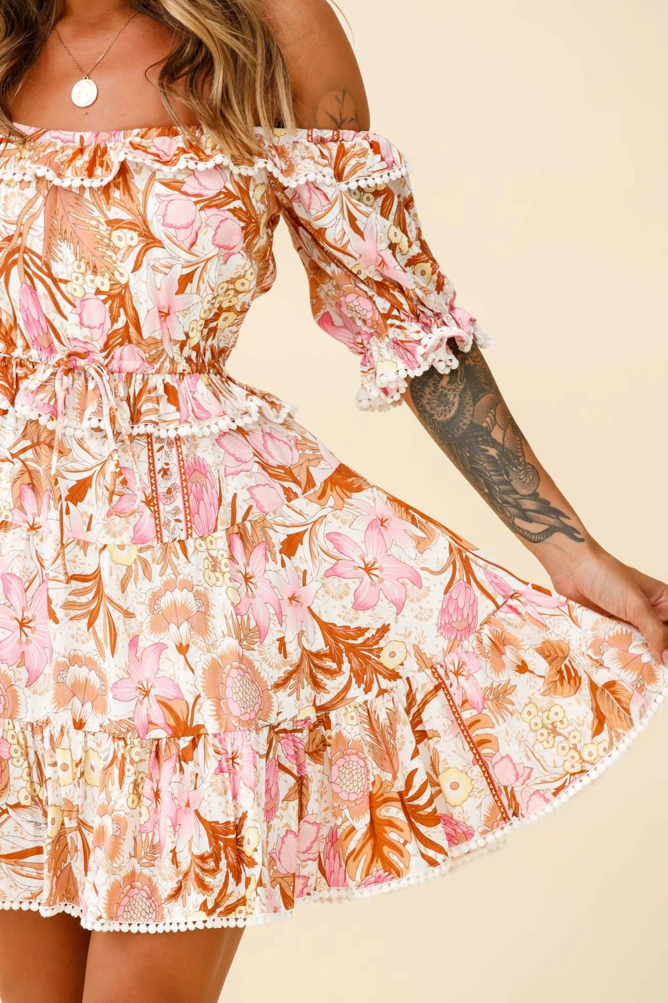 Sierra Bonita Off-Shoulder Drawstring Waist Dress Floral Print Pink Multi - Image 4
