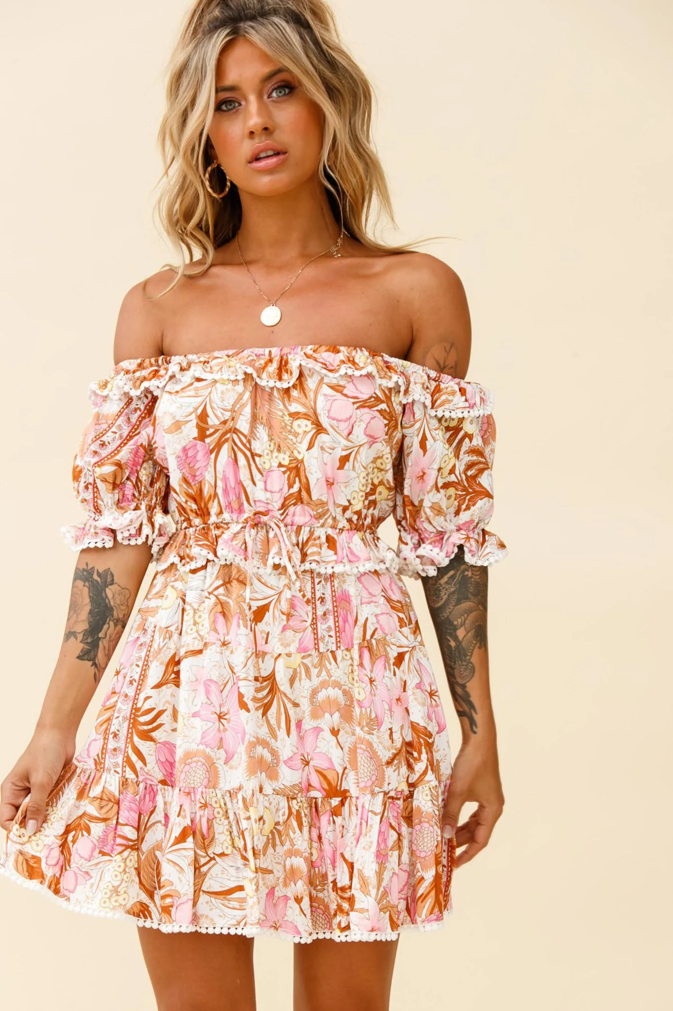Sierra Bonita Off-Shoulder Drawstring Waist Dress Floral Print Pink Multi - Image 5
