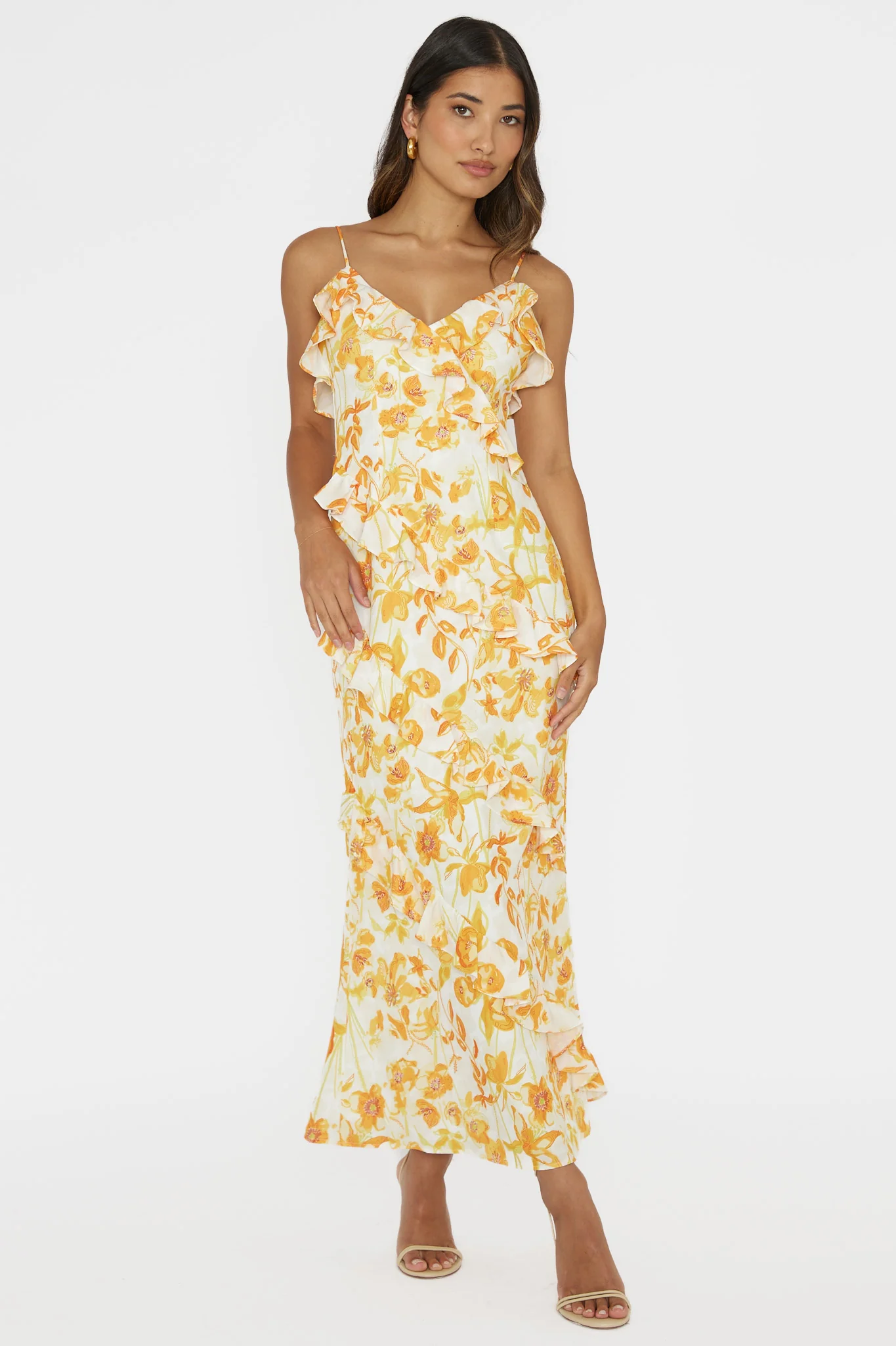 Silvana Frill Trim Midi Dress Floral Orange - Image 3
