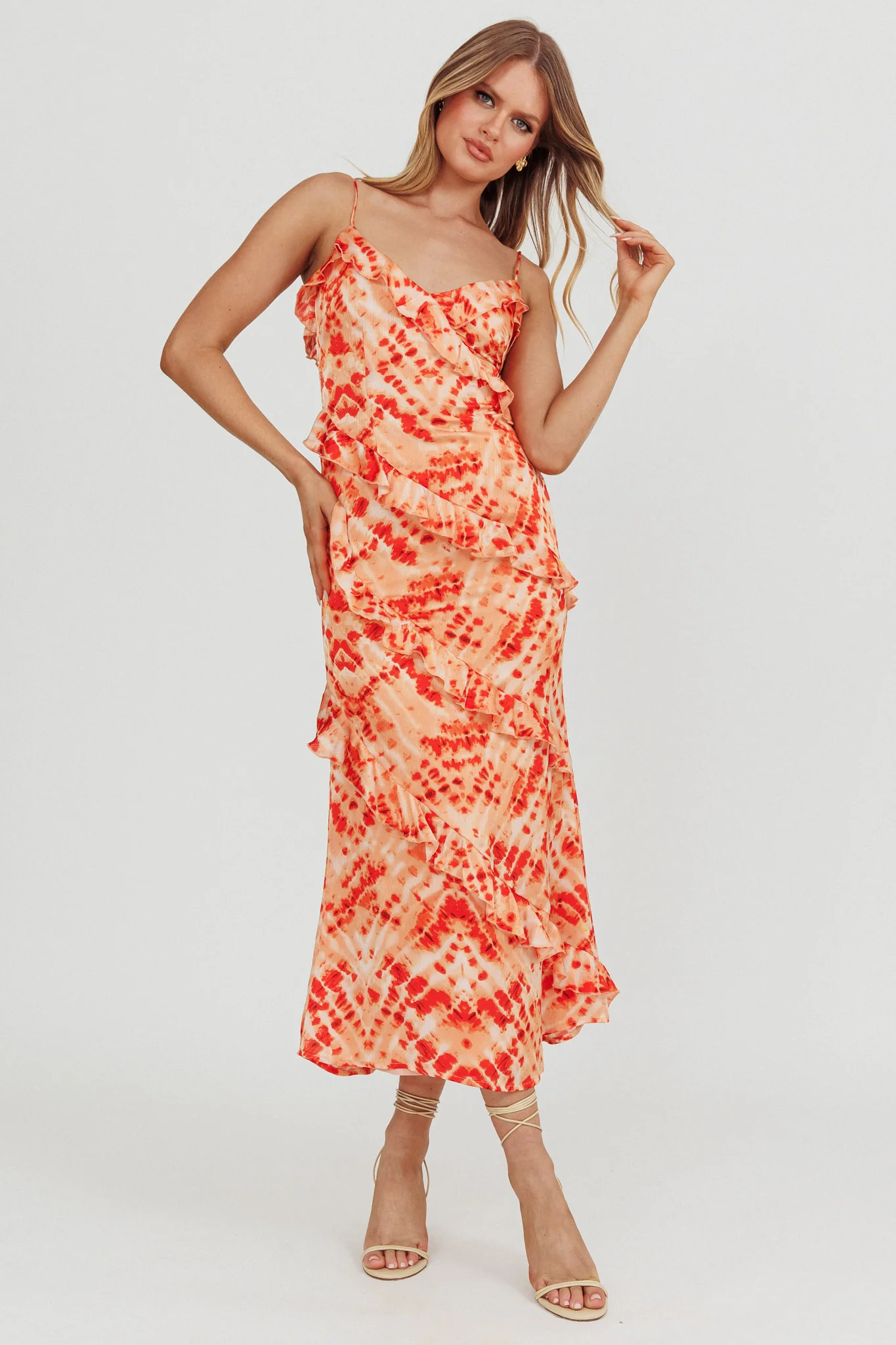 Silvana Frill Trim Midi Dress Orange - Image 3
