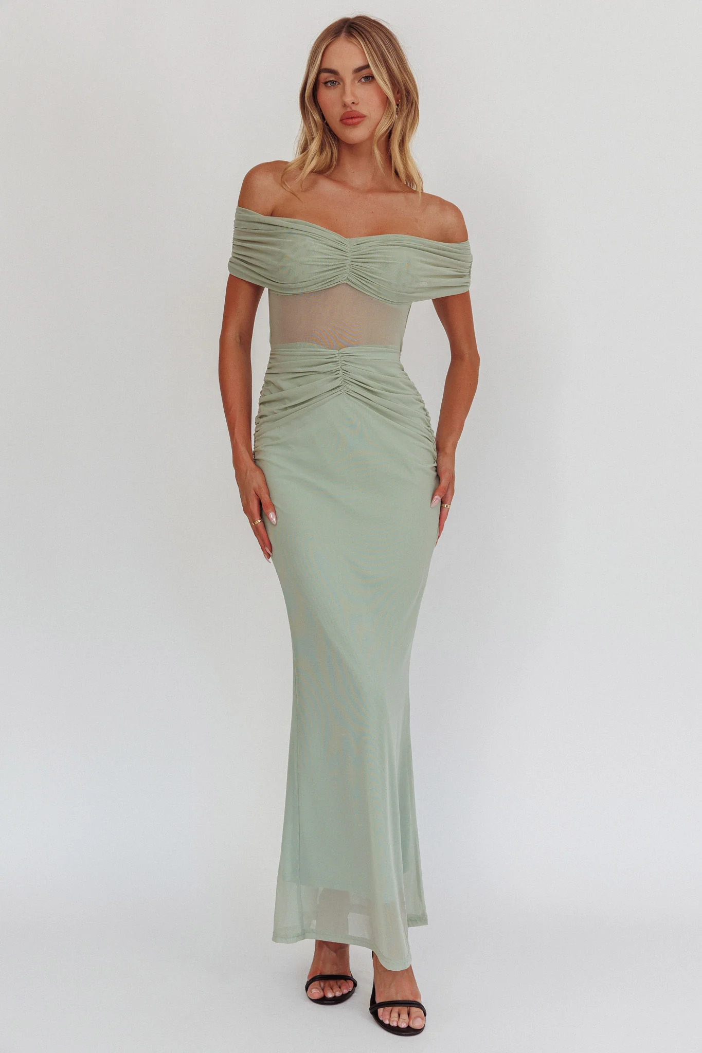 Silver Moon Off-Shoulder Maxi Dress Sage - Image 5