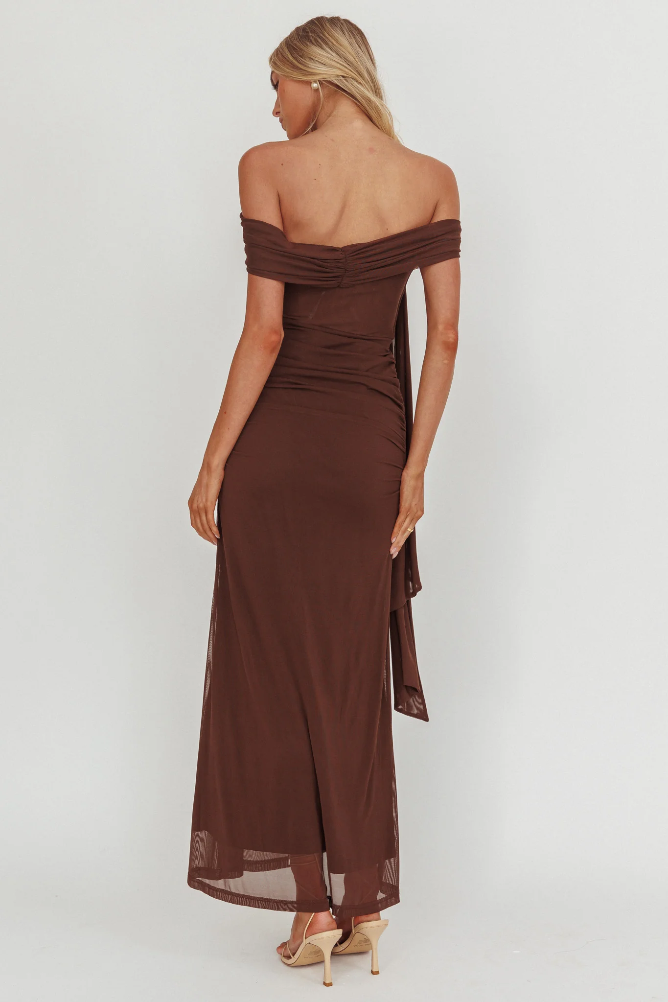 Silver Moon Tied Off-Shoulder Maxi Dress Chocolate - Image 2