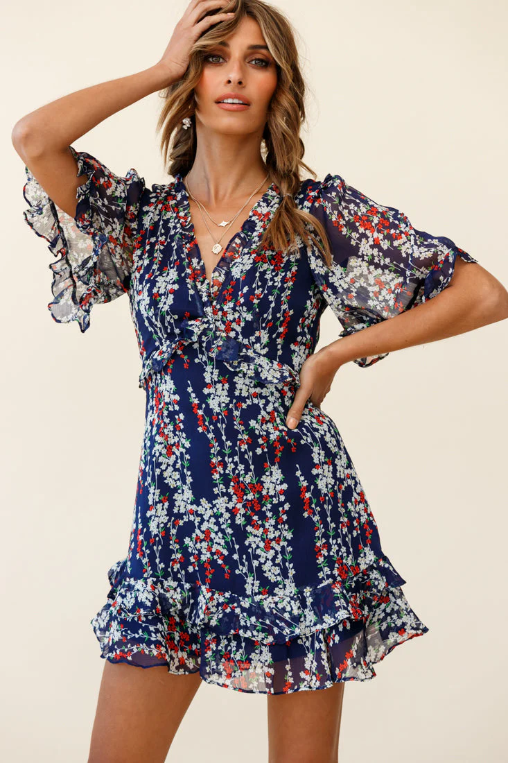 Sincerely V-Neck Double Frill Hem Tea Dress Floral Print Navy - Image 2