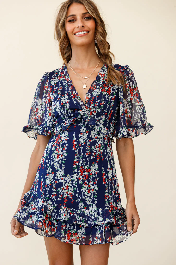 Sincerely V-Neck Double Frill Hem Tea Dress Floral Print Navy - Image 5