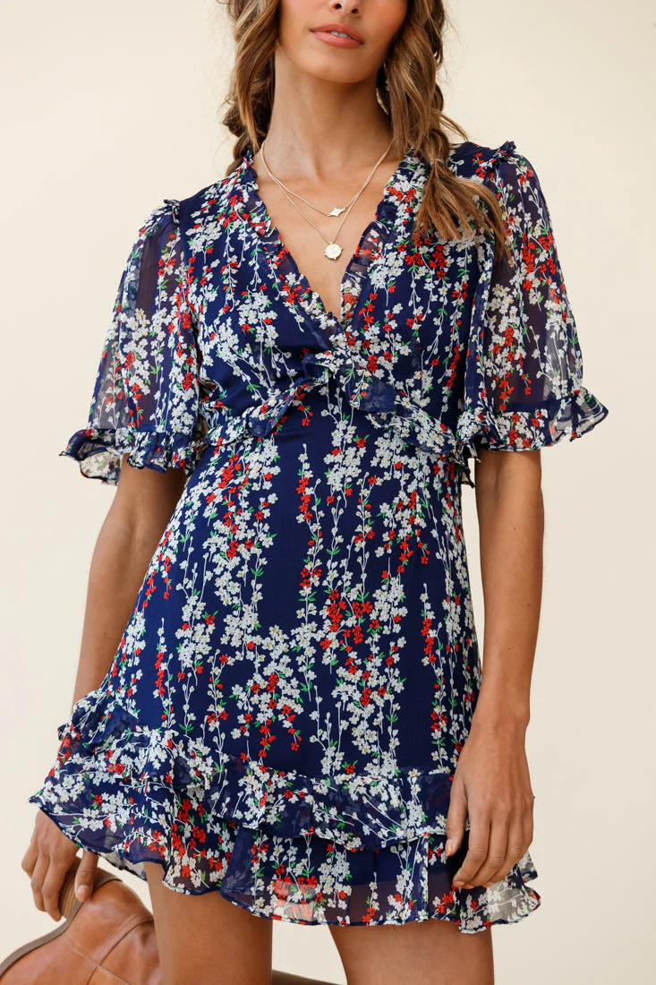 Sincerely V-Neck Double Frill Hem Tea Dress Floral Print Navy - Image 6