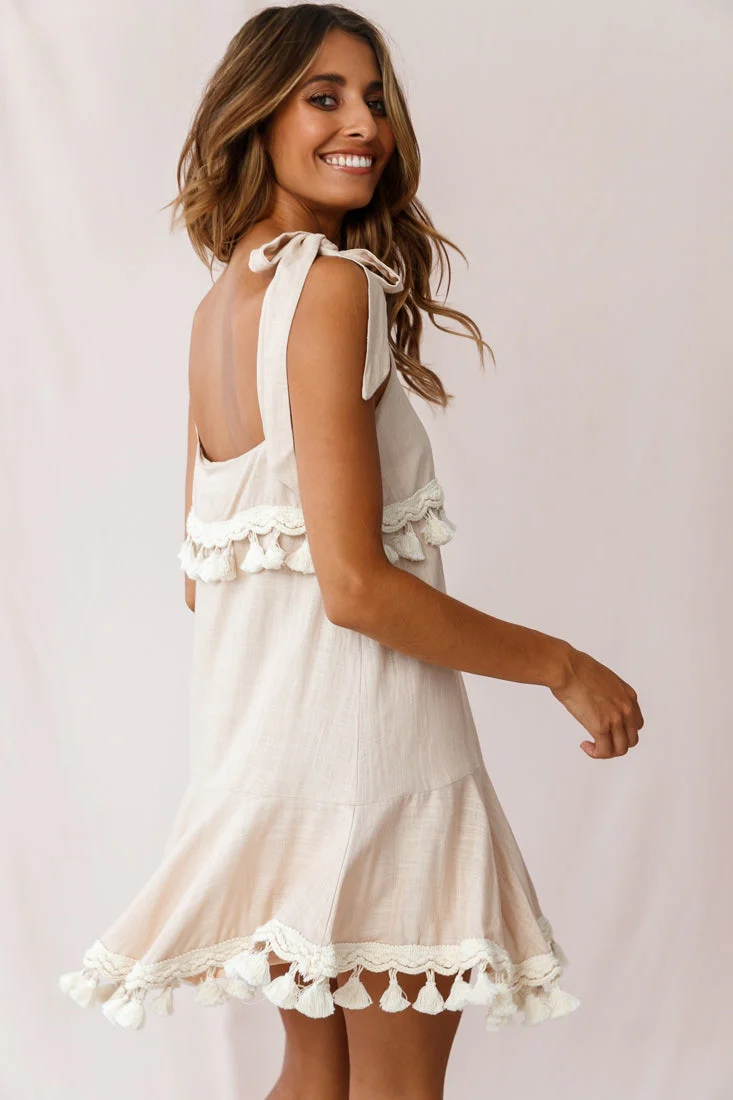 Sirocco Tassel Trim Tied Shoulder Dress Beige - Image 3
