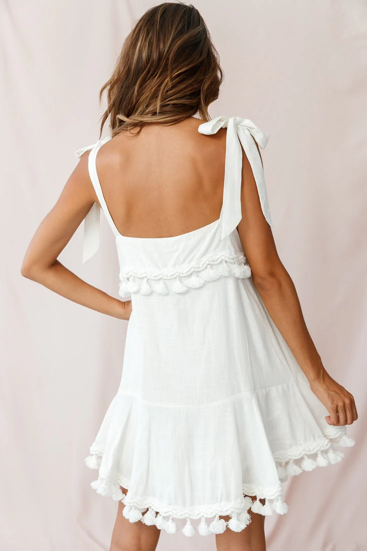 Sirocco Tassel Trim Tied Shoulder Dress White - Image 3