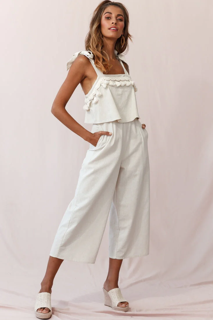 Sirocco Tassel Trim Tied Shoulder Midi Jumpsuit Natural - Image 3