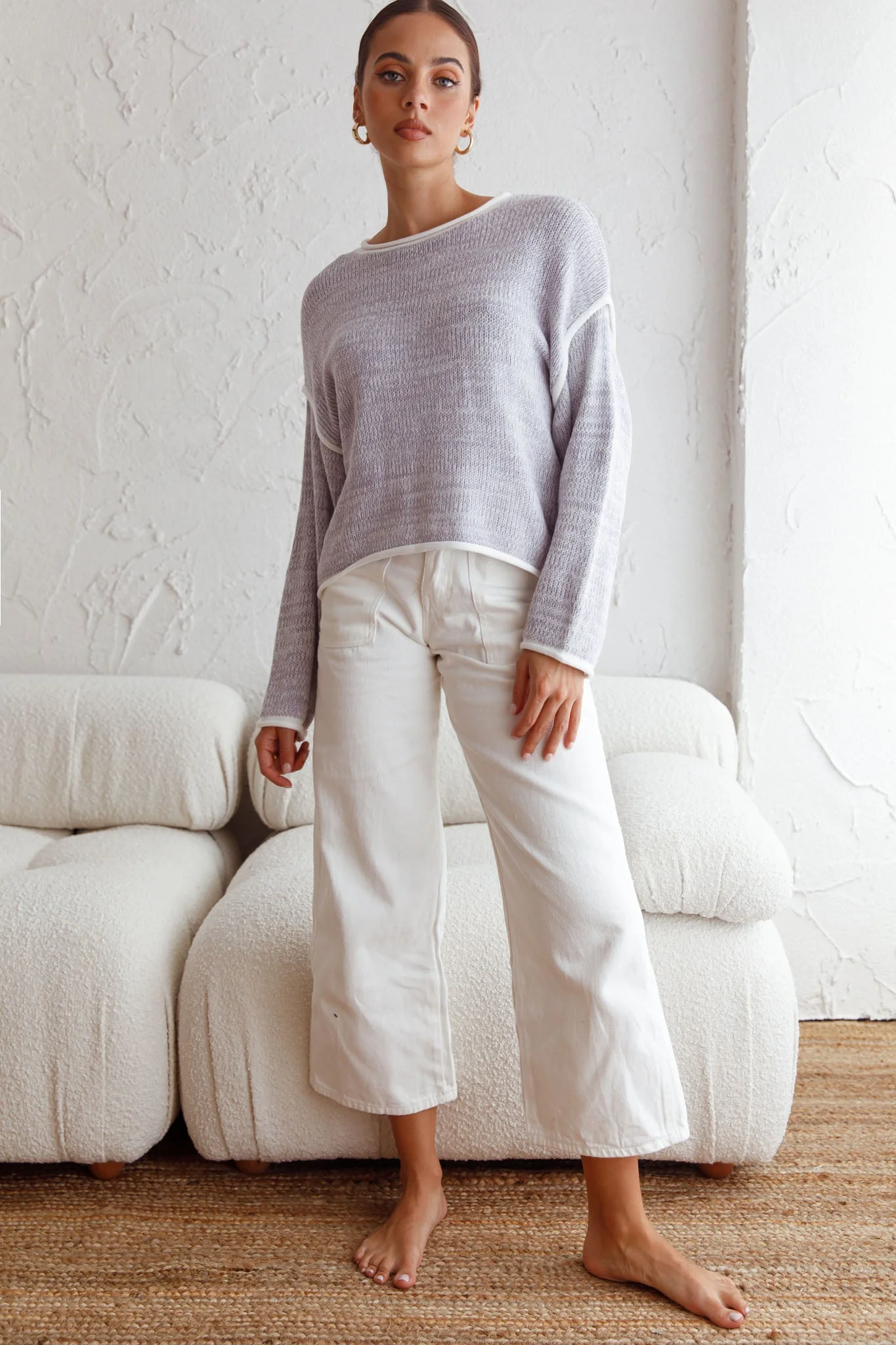 Sitting Pretty Drop Sleeve White Trim Knit Sweater Blue - Image 3