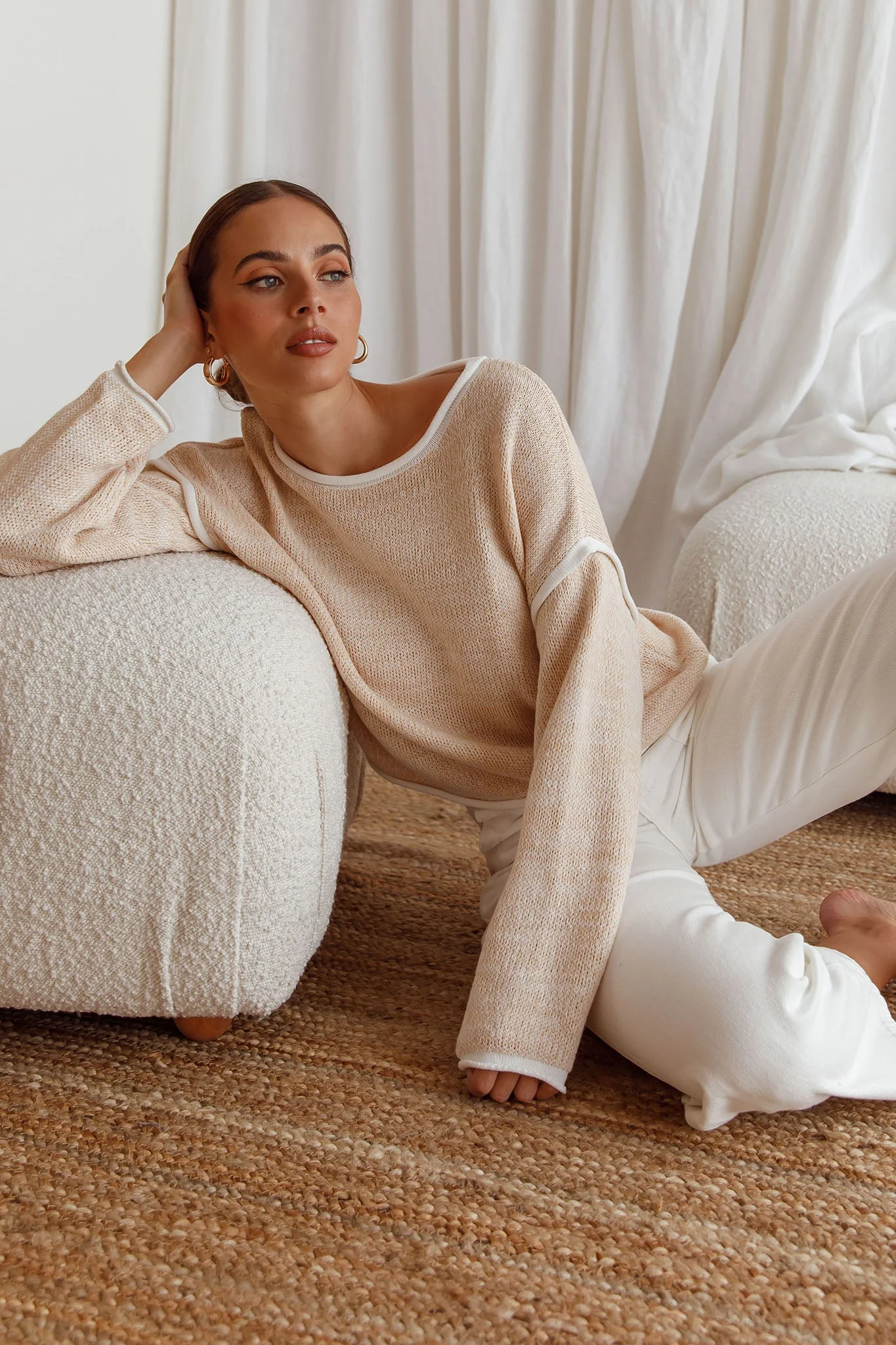 Sitting Pretty Drop Sleeve White Trim Knit Sweater Stone - Image 2