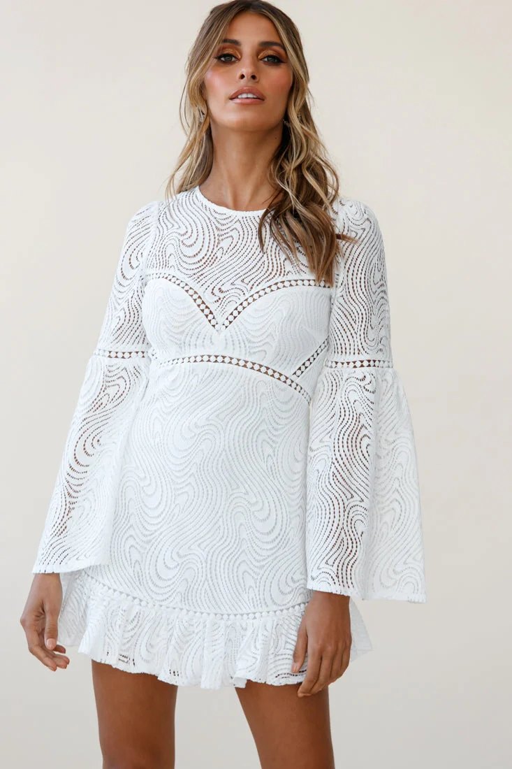 Sky High Long Bell Sleeve Crochet Embroidery Dress White - Image 5