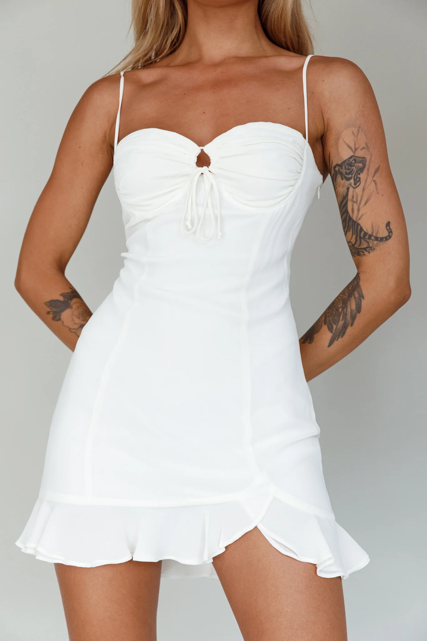 Sky Light Drawstring Bust Mini Dress Ivory - Image 4