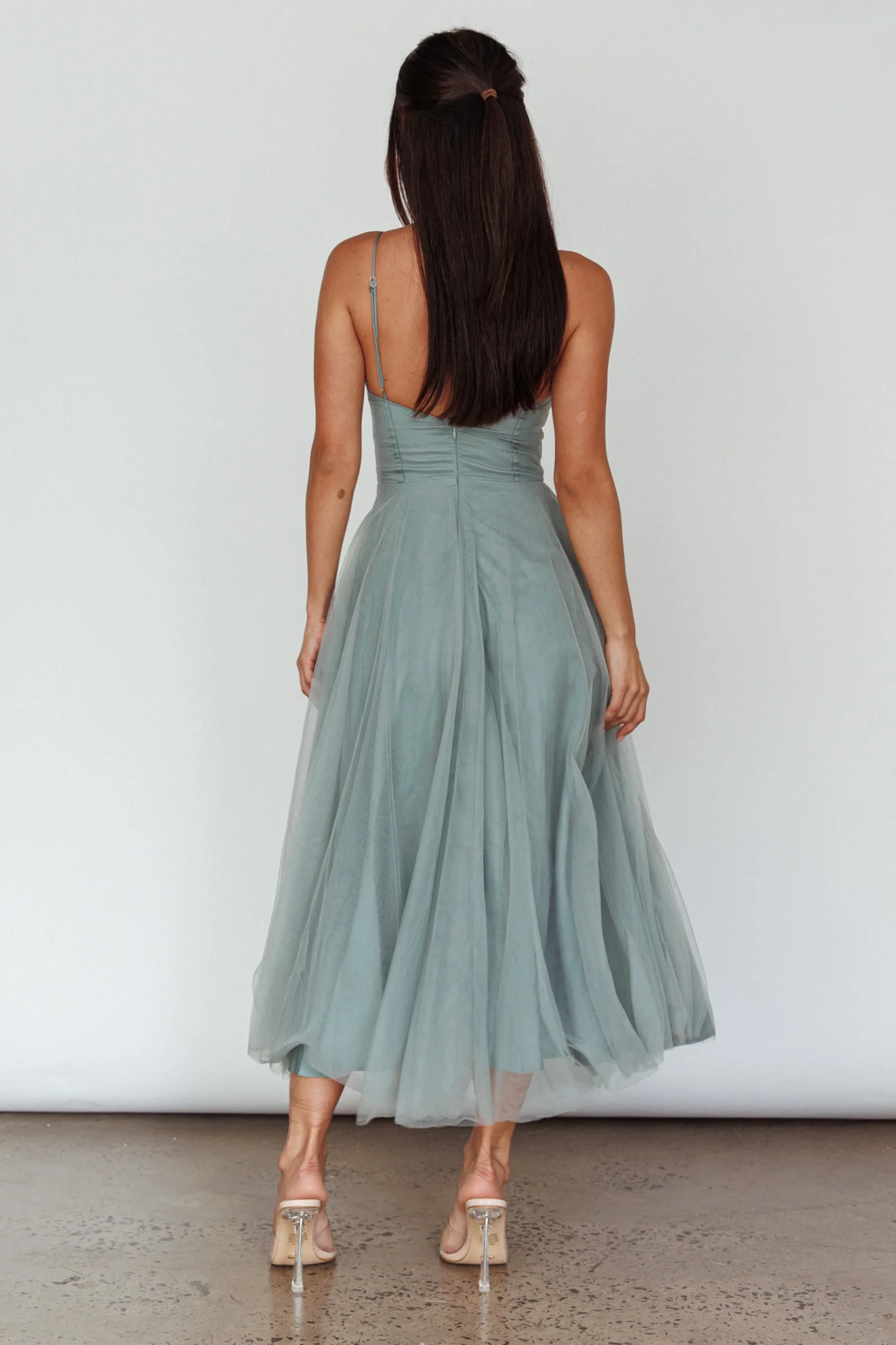 Smitten Lace Insert Tulle Midi Dress Sage - Image 2