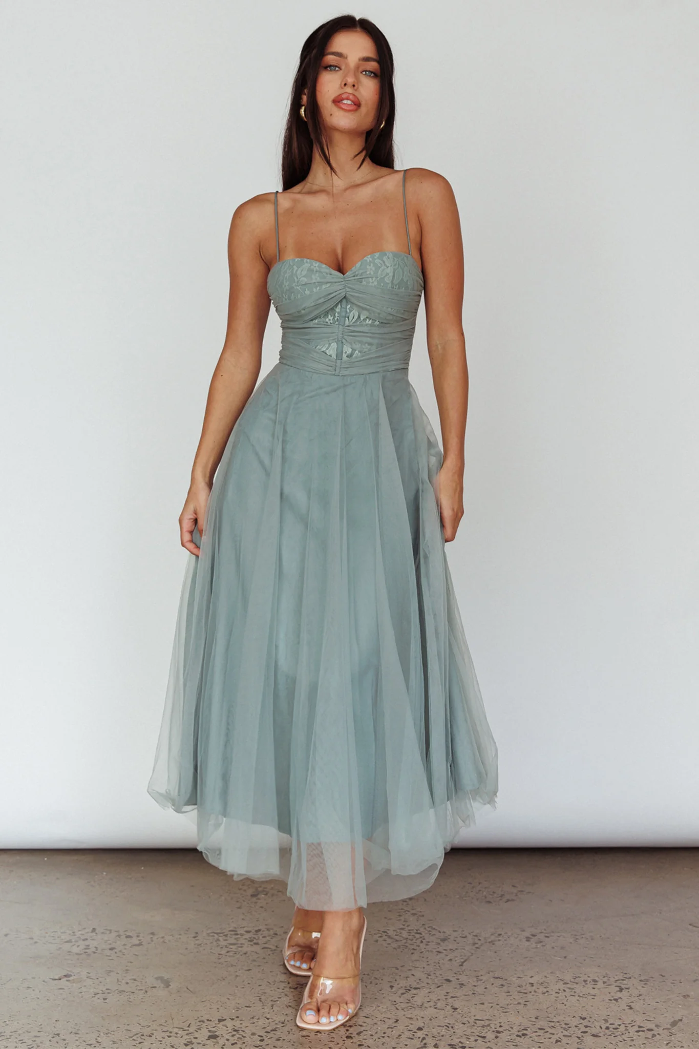 Smitten Lace Insert Tulle Midi Dress Sage - Image 3
