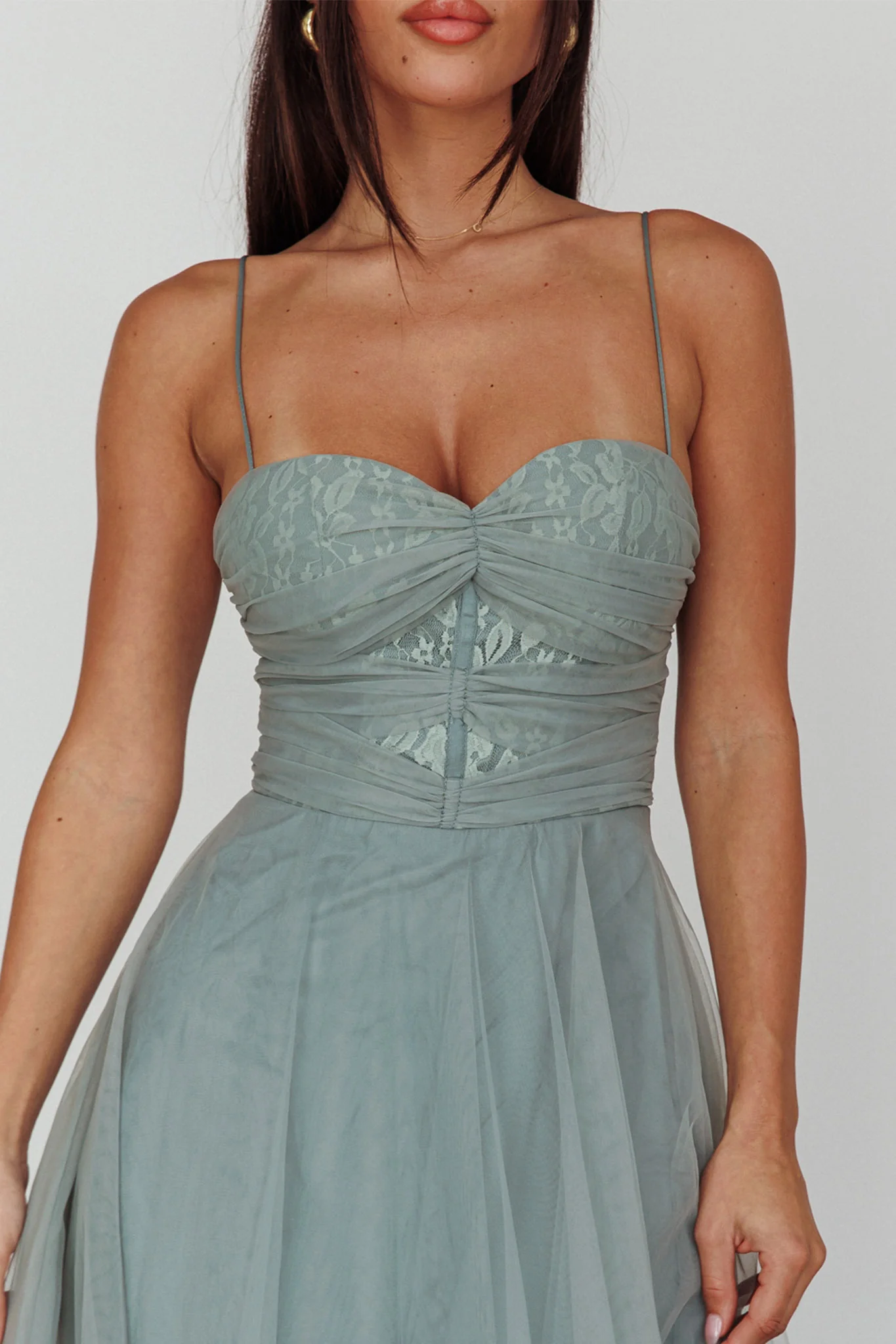 Smitten Lace Insert Tulle Midi Dress Sage - Image 4