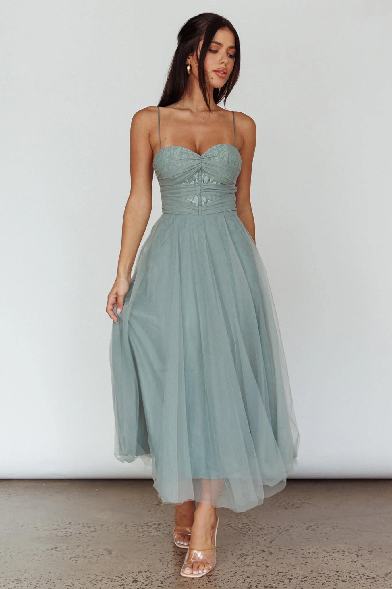 Smitten Lace Insert Tulle Midi Dress Sage - Image 5