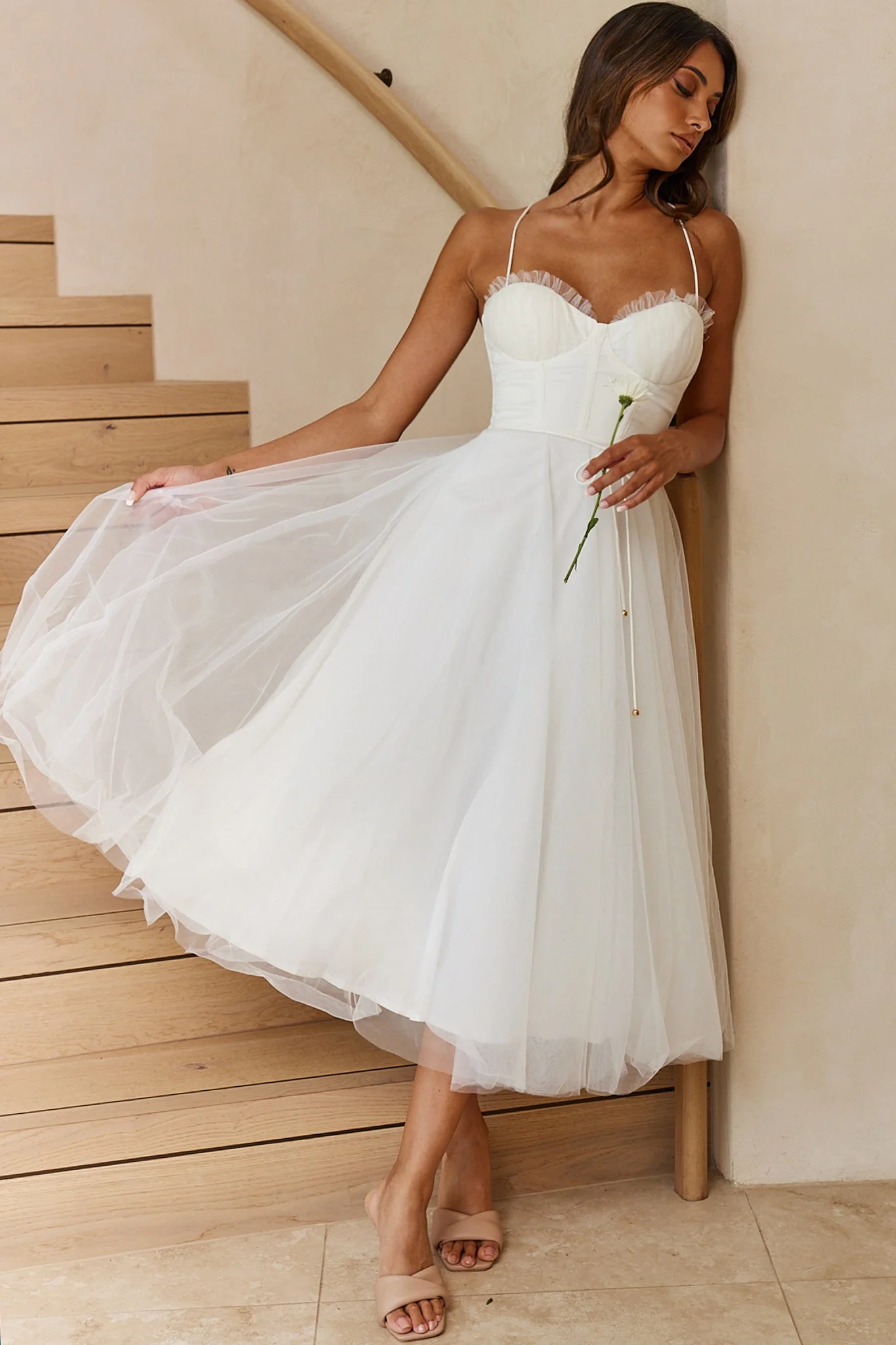 Smitten Sweetheart Neckline Chiffon Midi Dress White - Image 6
