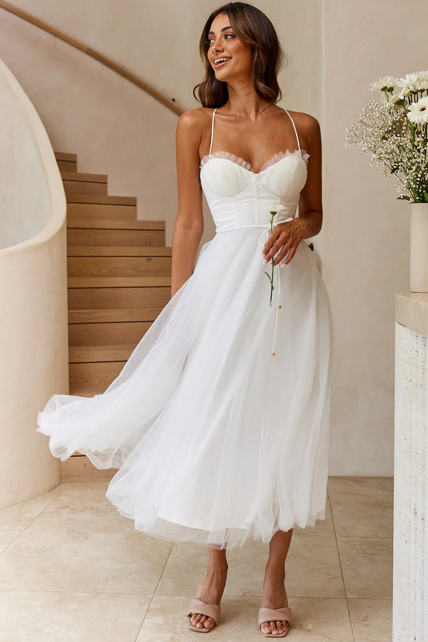 Smitten Sweetheart Neckline Chiffon Midi Dress White - Image 7