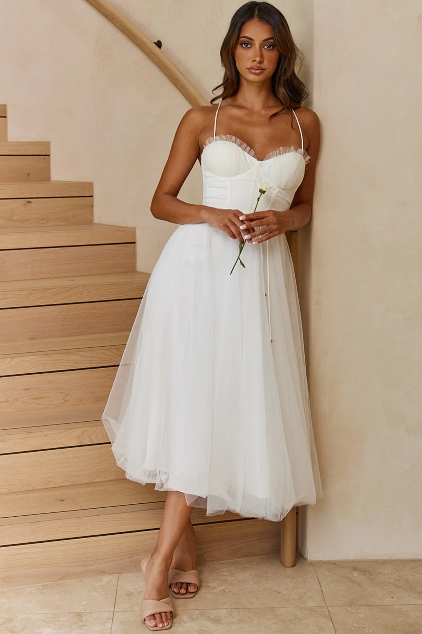 Smitten Sweetheart Neckline Chiffon Midi Dress White - Image 8