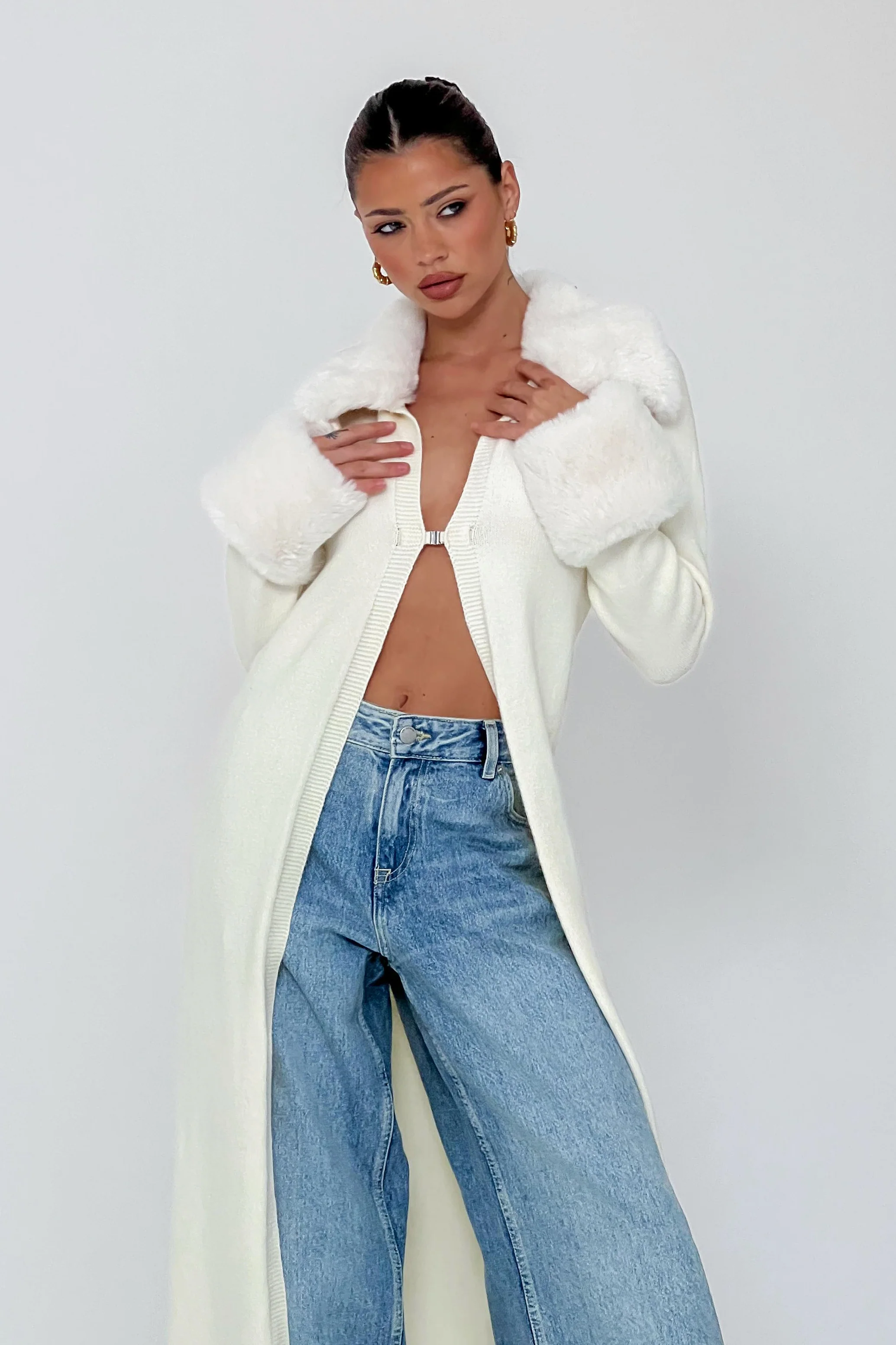 Snowflakes Fur Trim Longline Cardigan Coat Ivory - Image 2