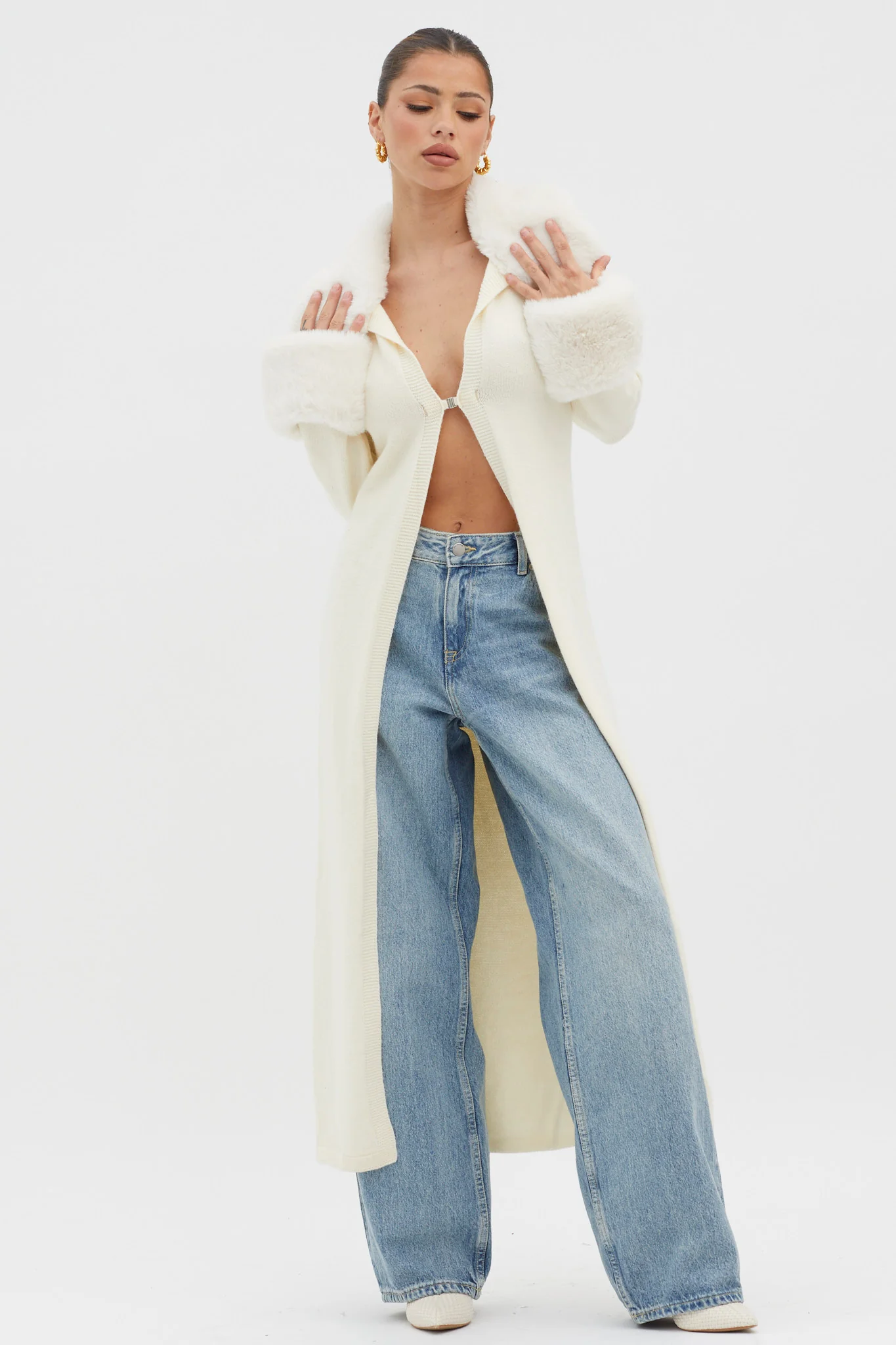 Snowflakes Fur Trim Longline Cardigan Coat Ivory - Image 5
