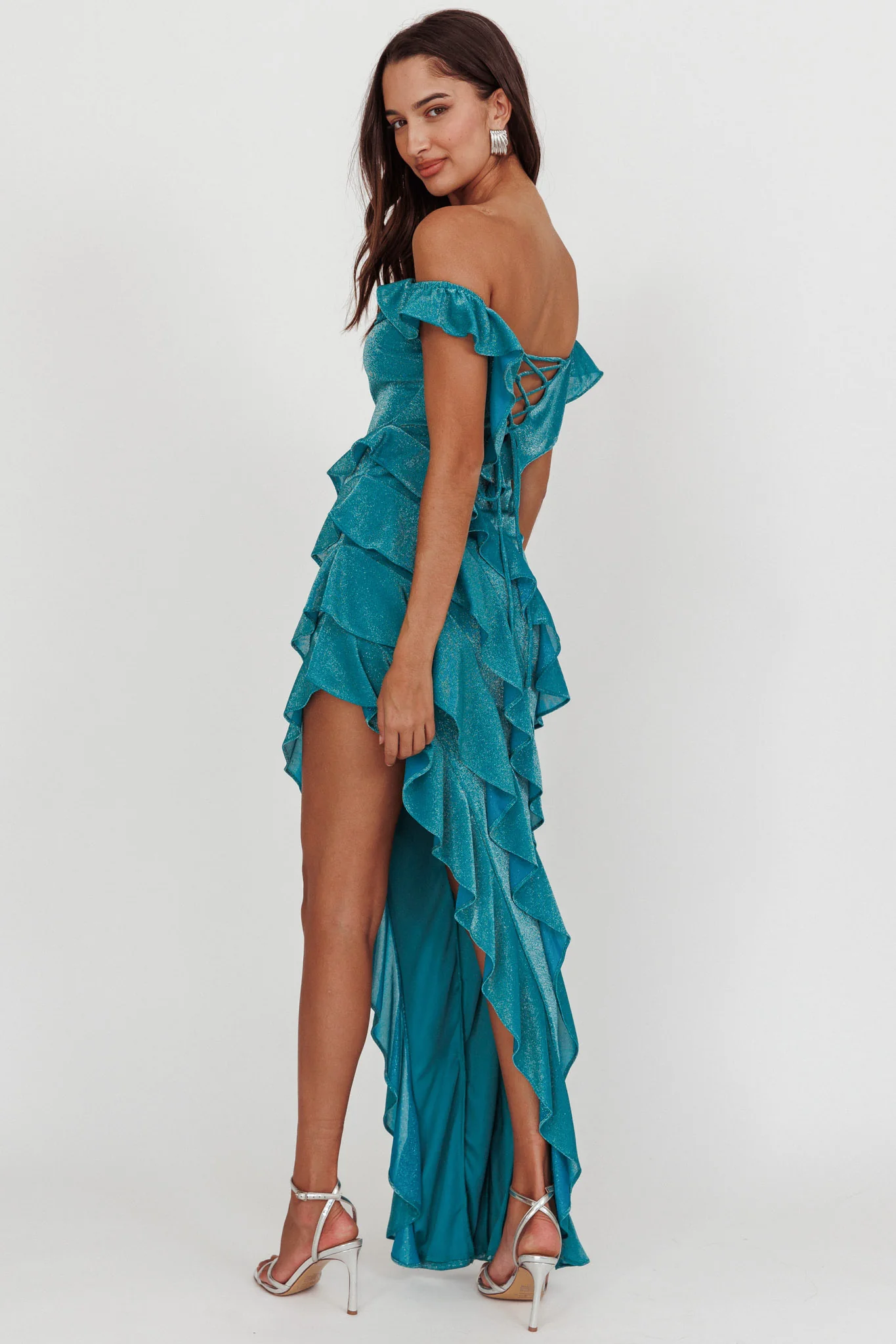 So Into You Off Shoulder Glitter Ruffle Dress Jade - Image 2