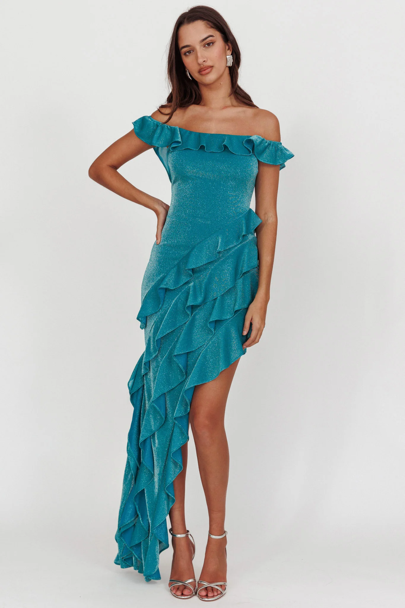 So Into You Off Shoulder Glitter Ruffle Dress Jade - Image 3