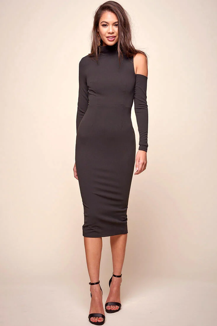 Sofie Asymmetrical cutout Turtle Neck Dress Black - Image 2