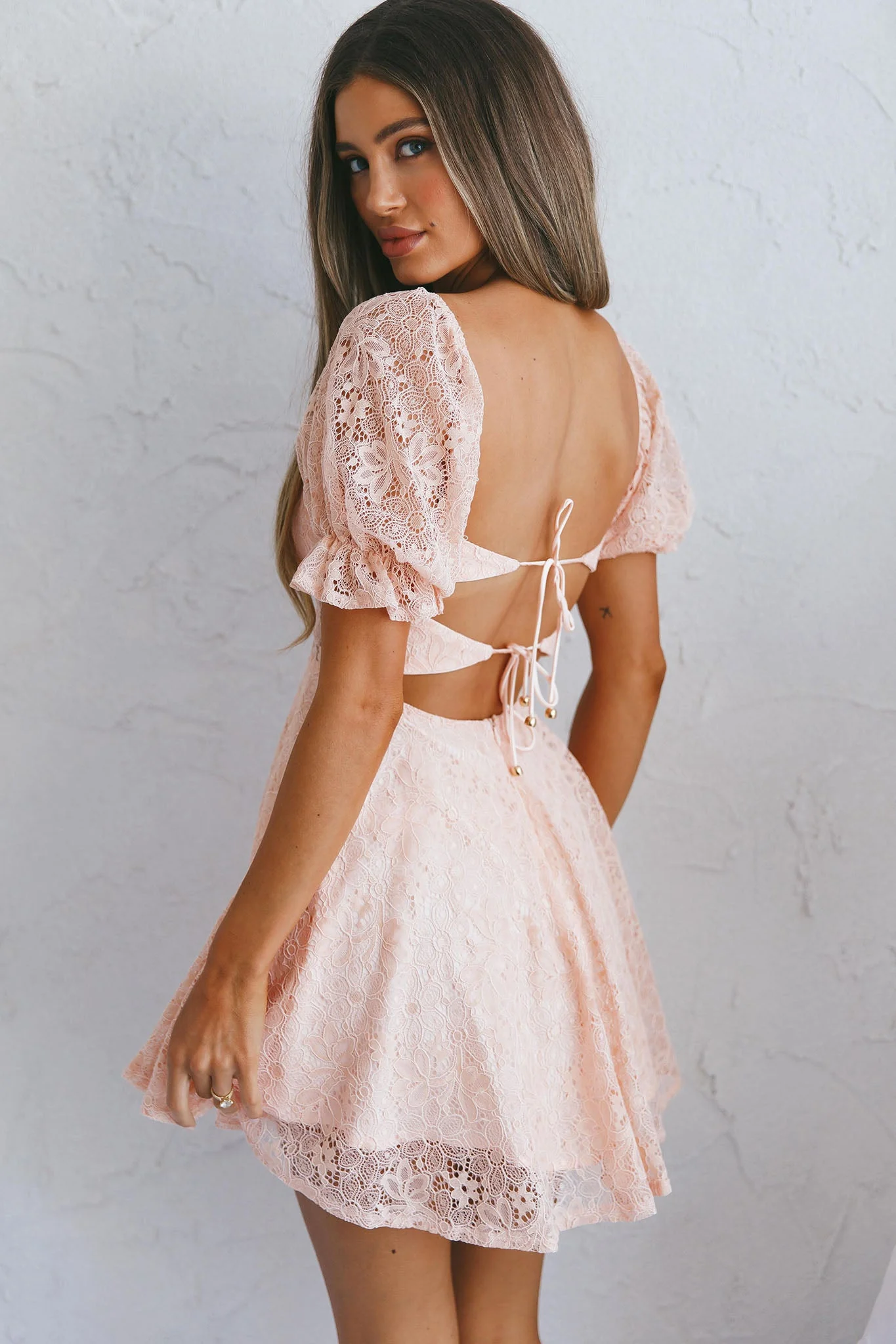 Soho Puff Sleeve Tied Back Lace Mini Dress Blush - Image 2