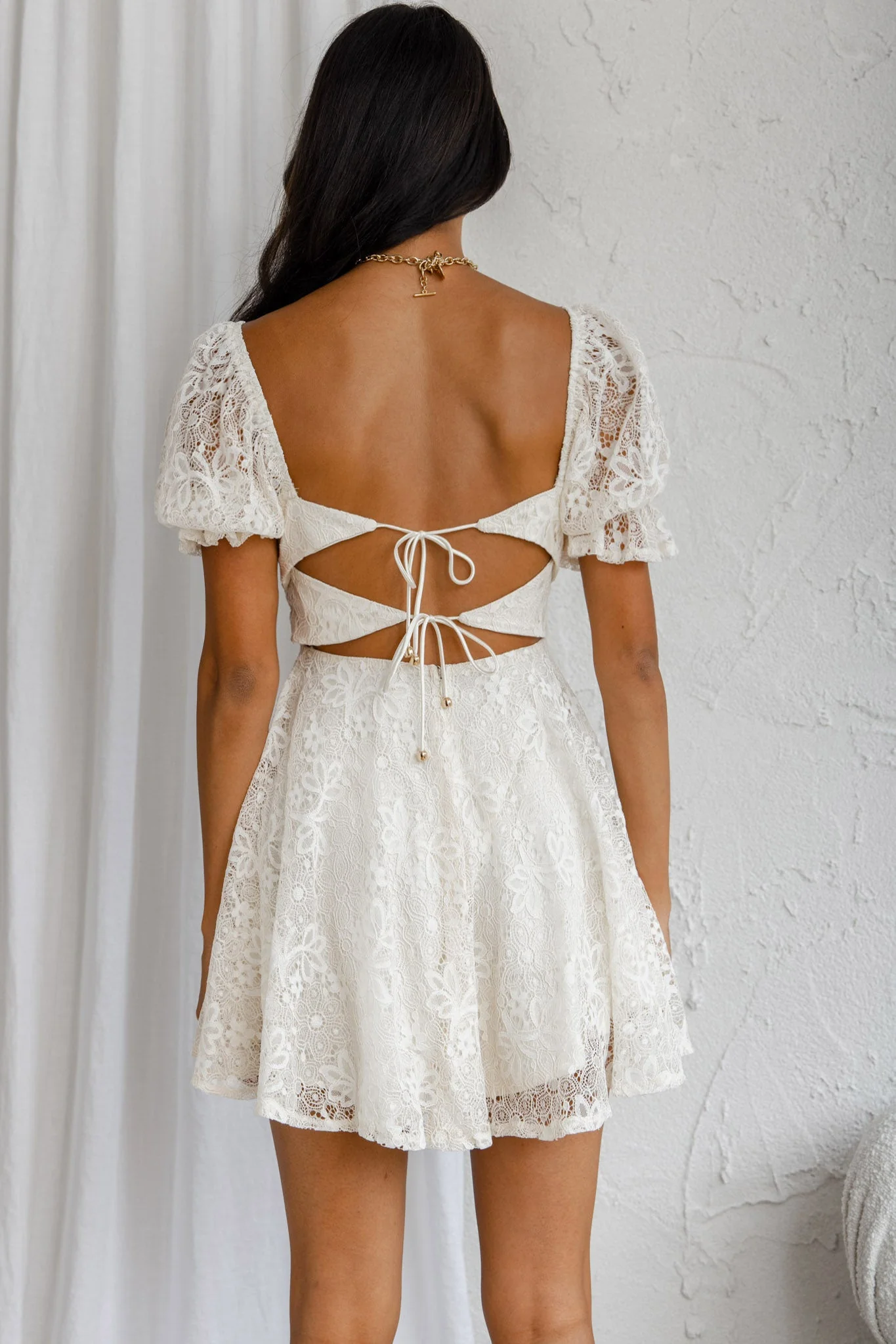 Soho Puff Sleeve Tied Back Lace Mini Dress Cream - Image 2