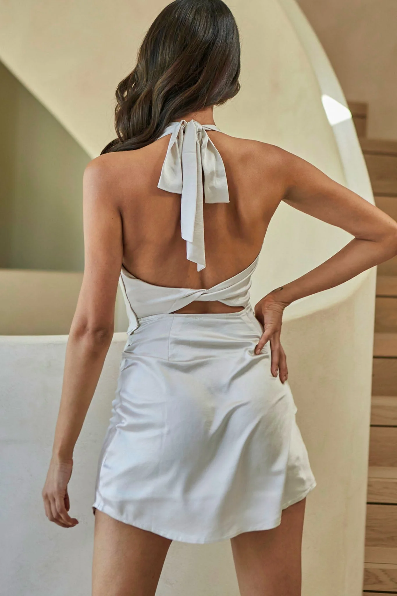 Sonoma Cowl Neckline Faux Wrap Twist Back Mini Dress Oyster - Image 3