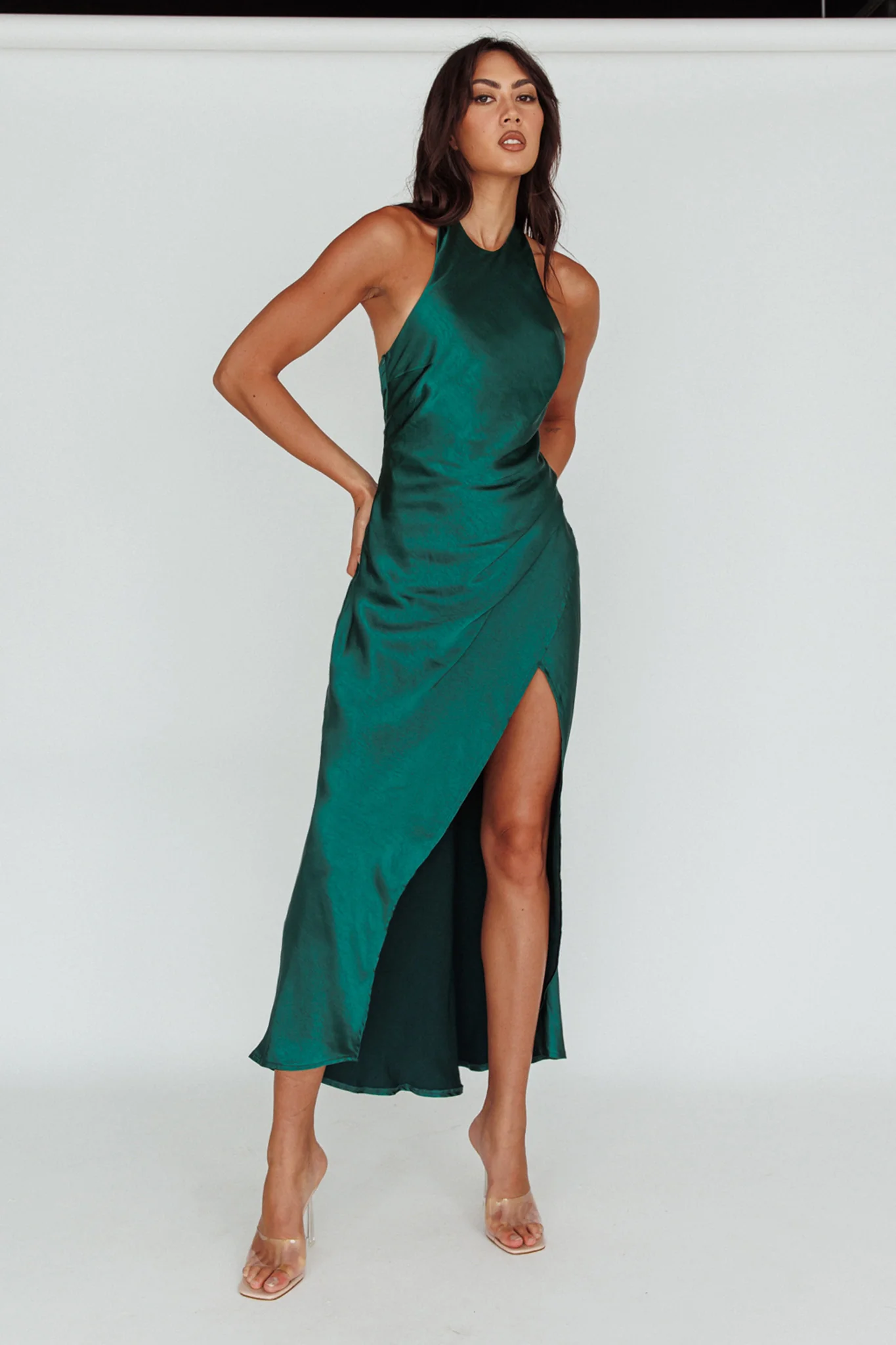 Sonoma Halterneck Faux Wrap Twist Back Maxi Dress Forest Green - Image 6
