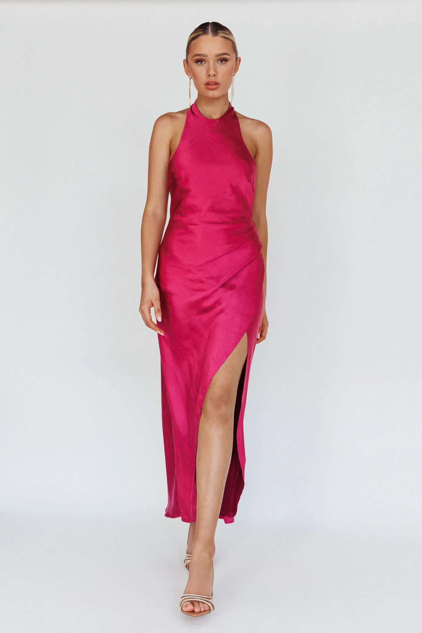 Sonoma Halterneck Faux Wrap Twist Back Maxi Dress Fuchsia - Image 3