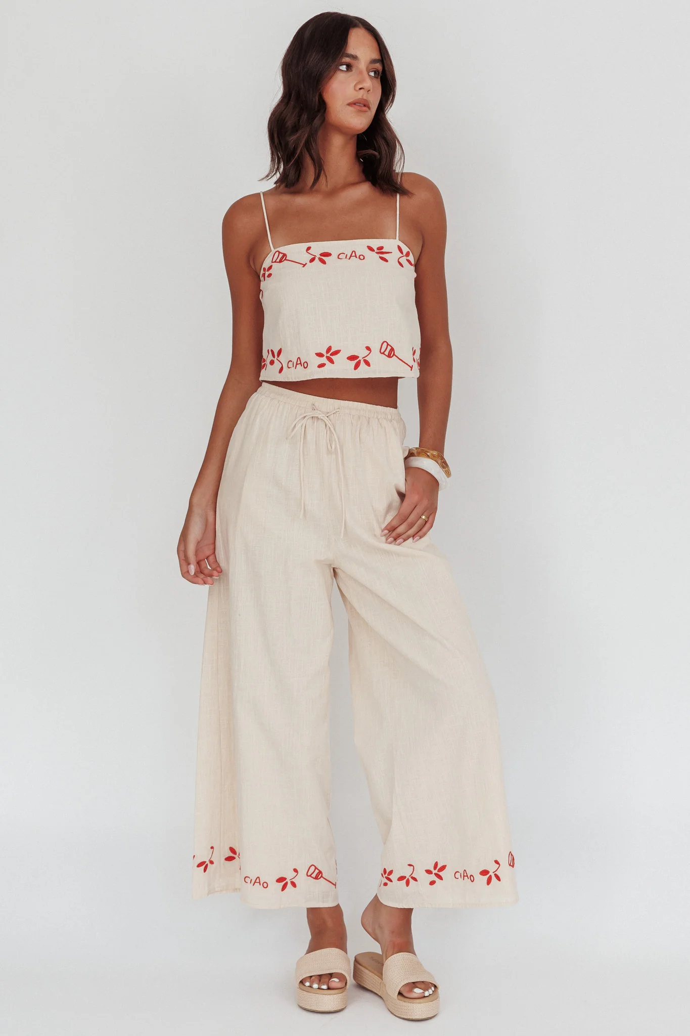 Sorrento Summer Embroidered Wide-Leg Pants Oat - Image 2