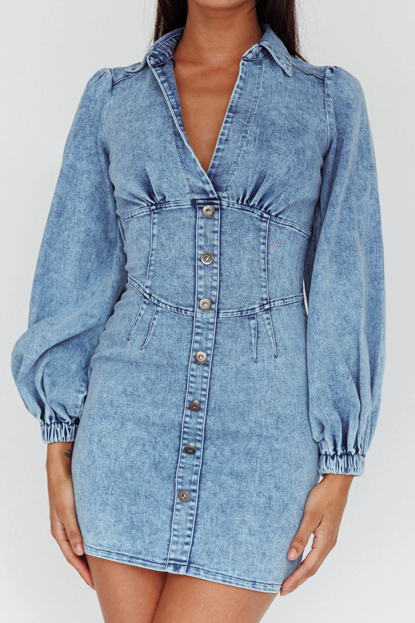 South Beach Long Sleeve Collared Mini Dress Denim - Image 4