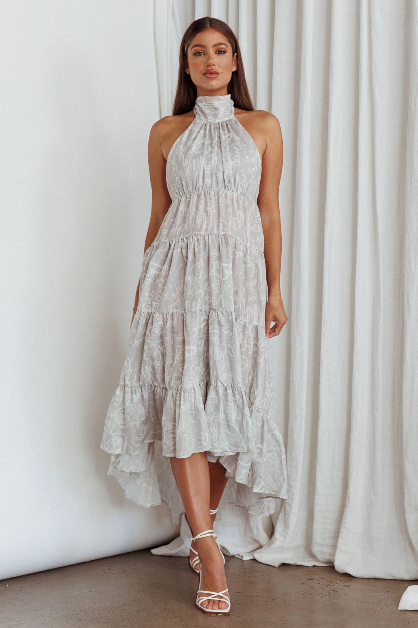 South Haven Halter Midi Dress Floral Beige - Image 2