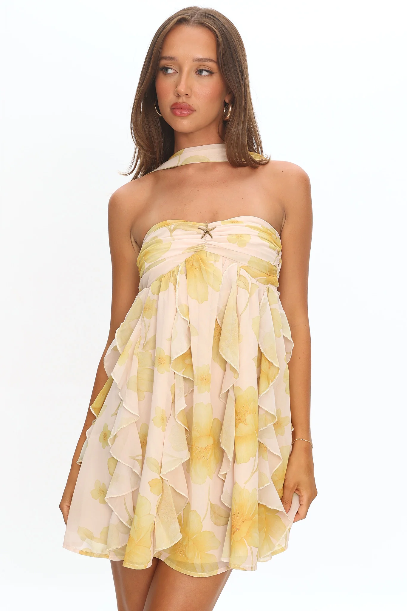 Spirit Reverse Halter Ruffle Mini Dress Floral Butter
