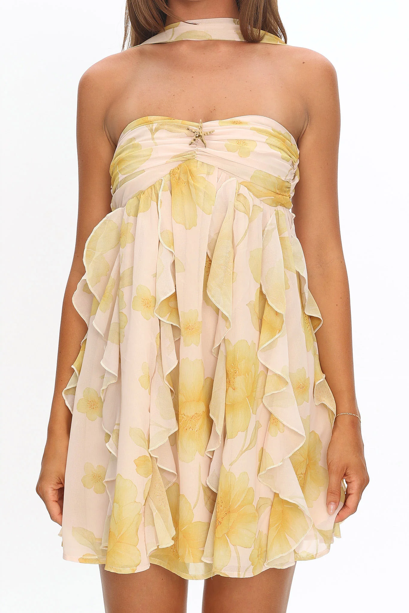 Spirit Reverse Halter Ruffle Mini Dress Floral Butter - Image 3