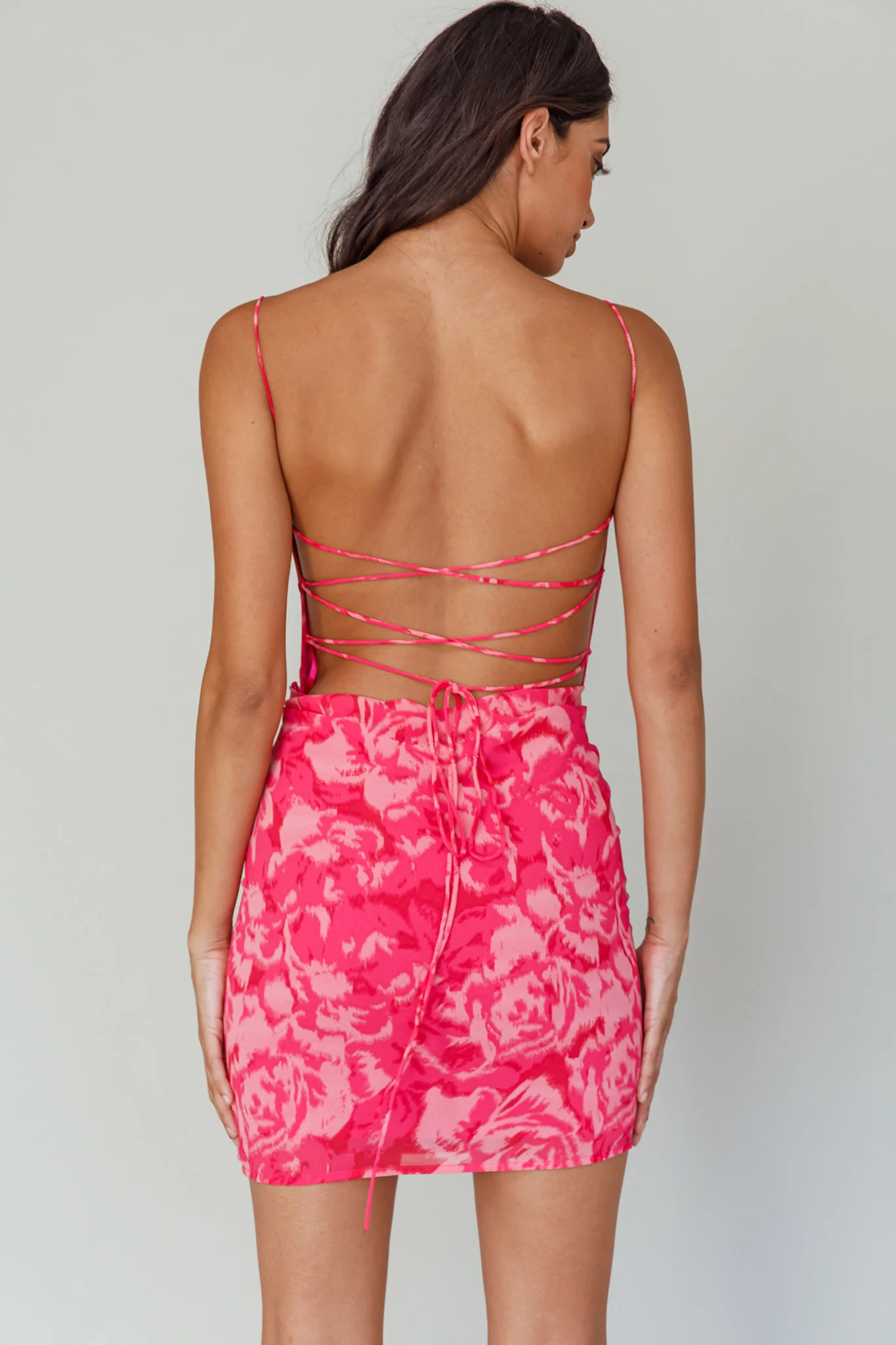 Spring Fever Lace-Up Back Mini Dress Floral Pink - Image 2