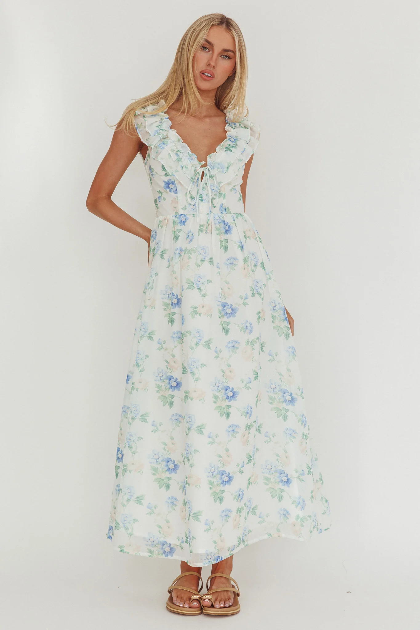 Spring Harvest Frill Neckline Maxi Dress Floral Blue - Image 5