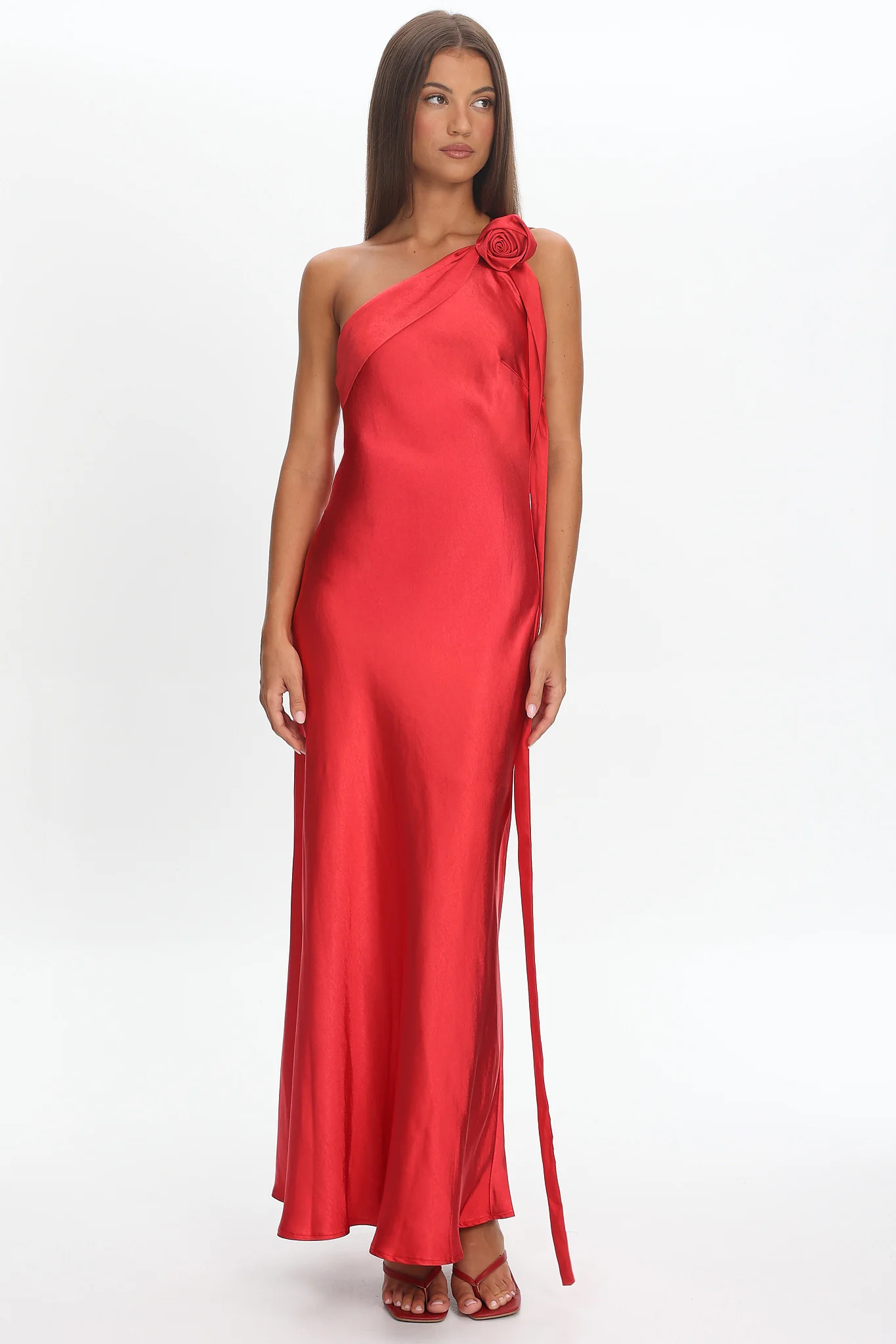 Star Fall One-Shoulder Rosette Maxi Dress Red