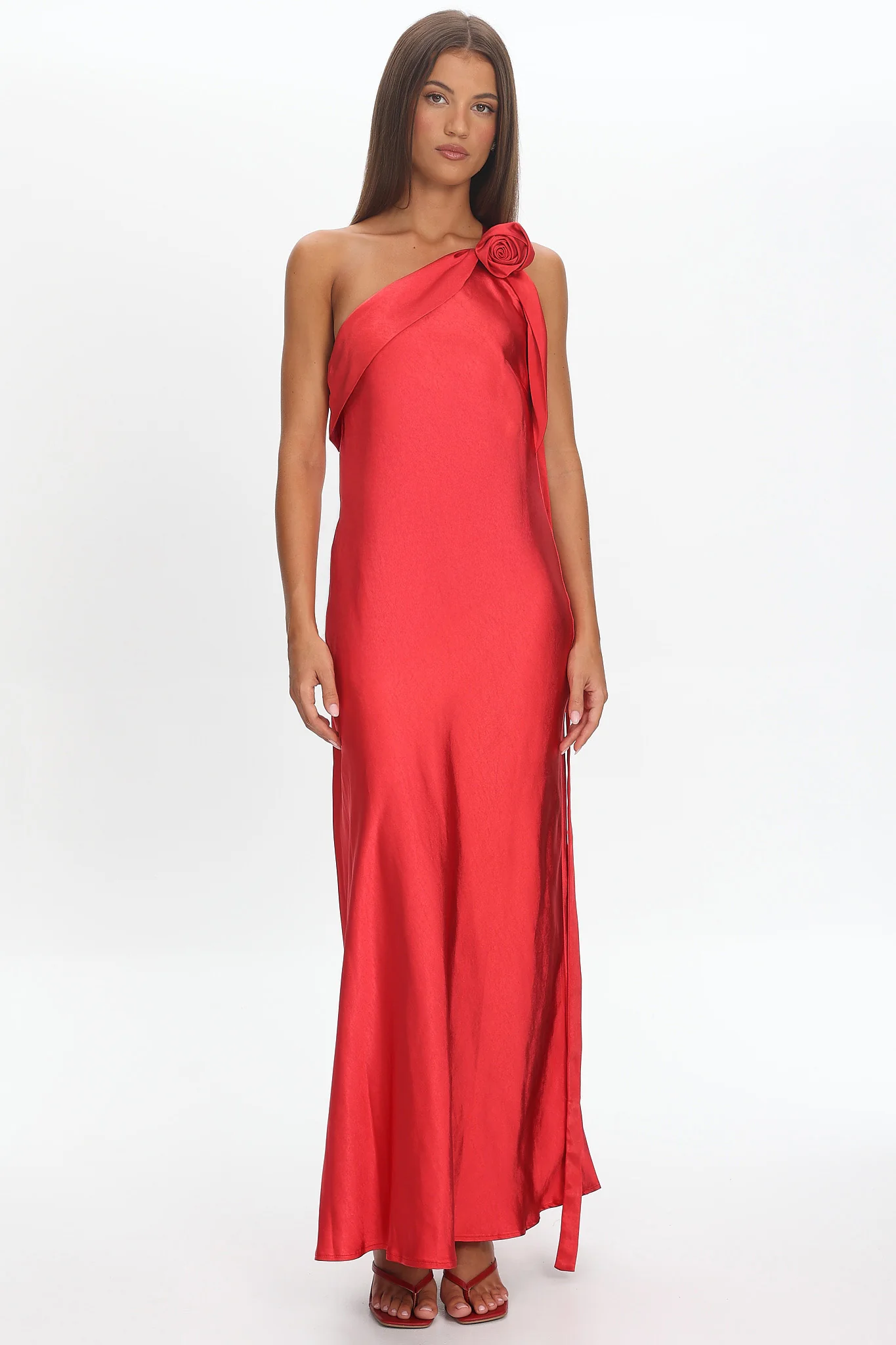 Star Fall One-Shoulder Rosette Maxi Dress Red - Image 3