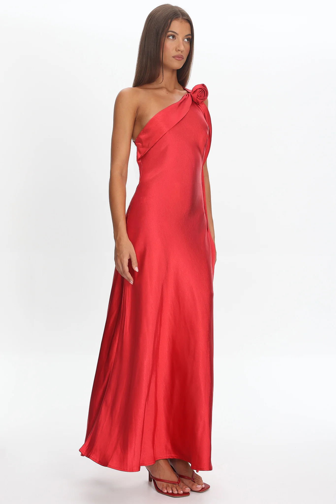 Star Fall One-Shoulder Rosette Maxi Dress Red - Image 4