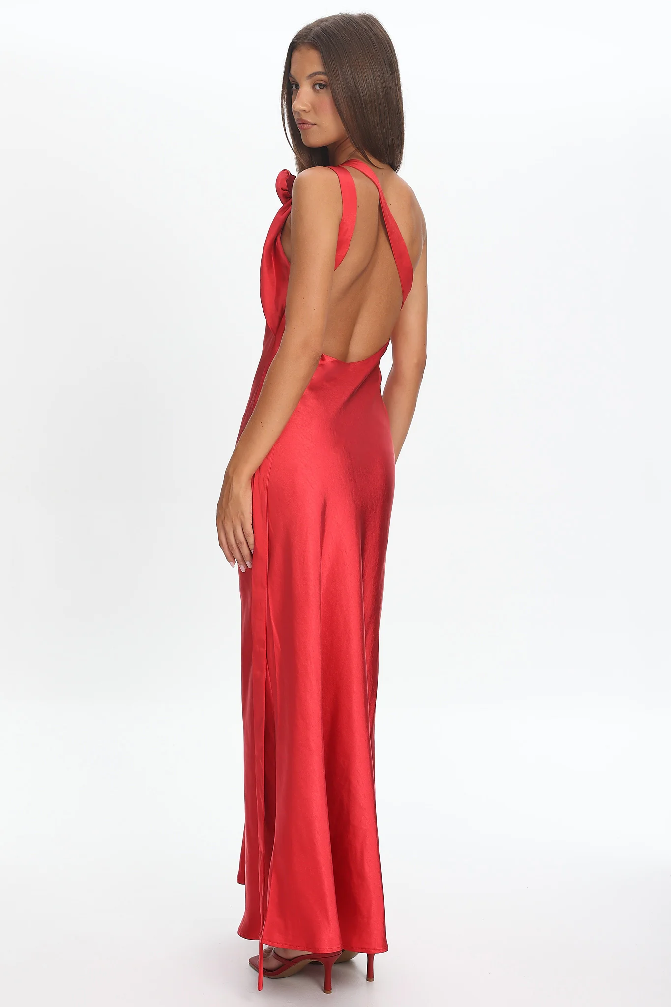 Star Fall One-Shoulder Rosette Maxi Dress Red - Image 5