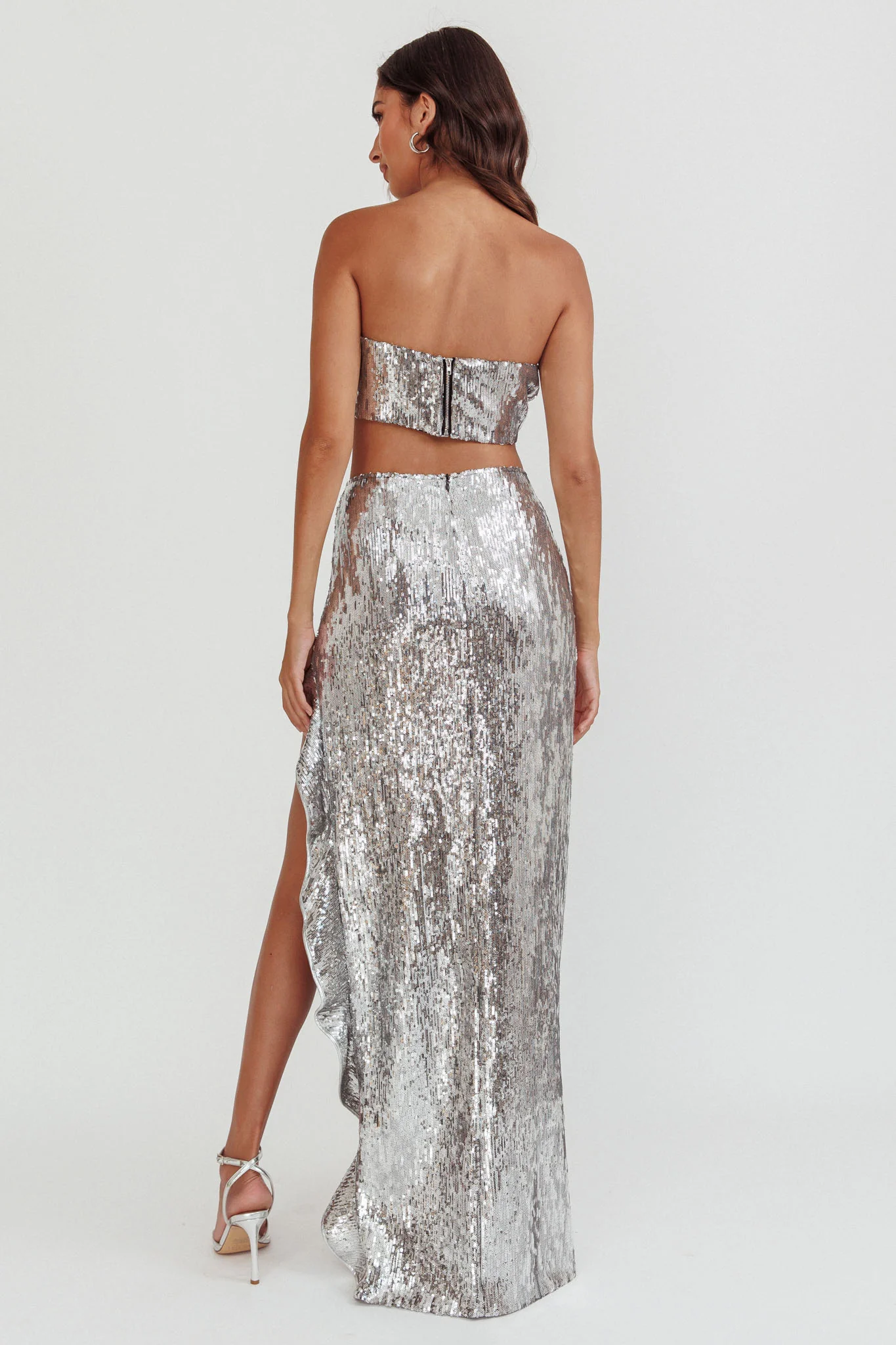 Star Girls Open Split Sequin Maxi Skirt Silver - Image 4