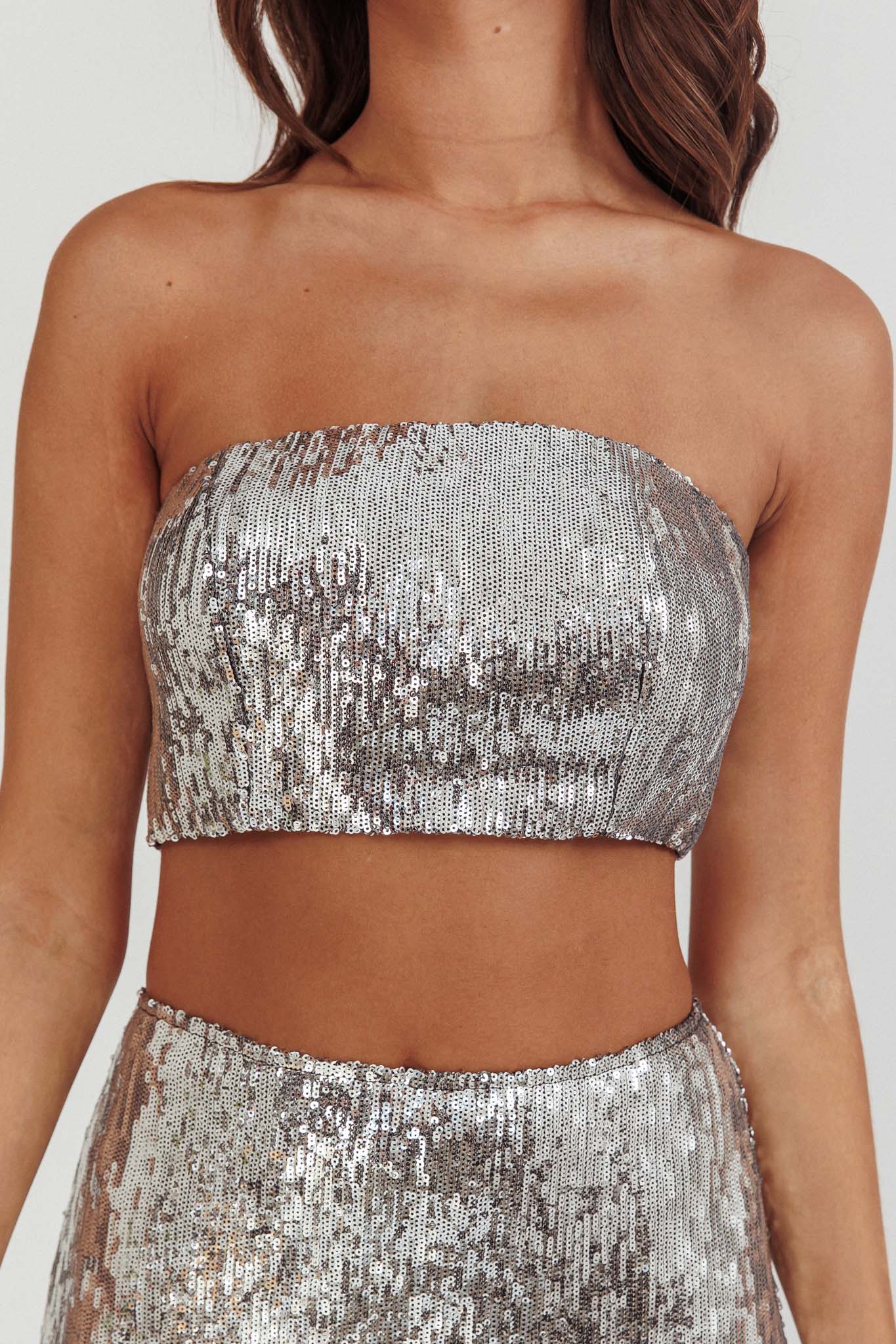 Star Girls Strapless Sequin Top Silver - Image 4