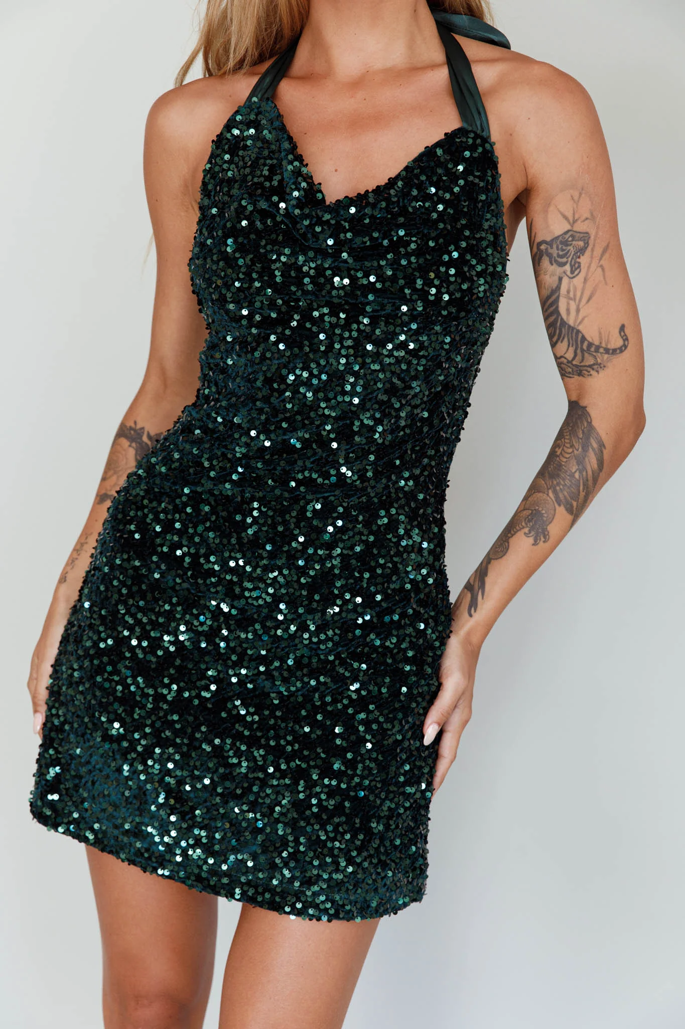 Star Lights Halterneck Mini Dress Sequin Emerald - Image 4