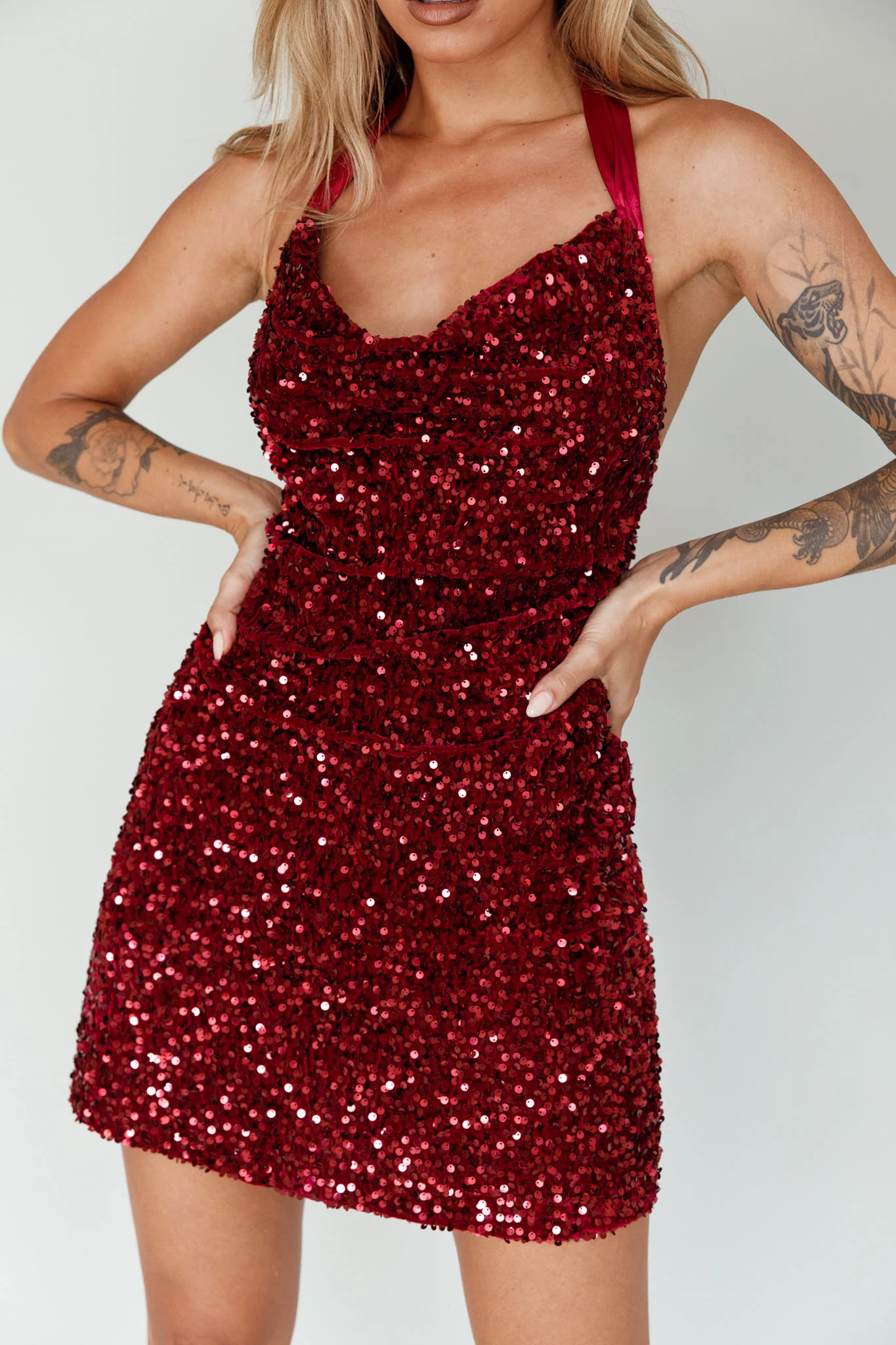 Star Lights Halterneck Mini Dress Sequin Merlot - Image 4