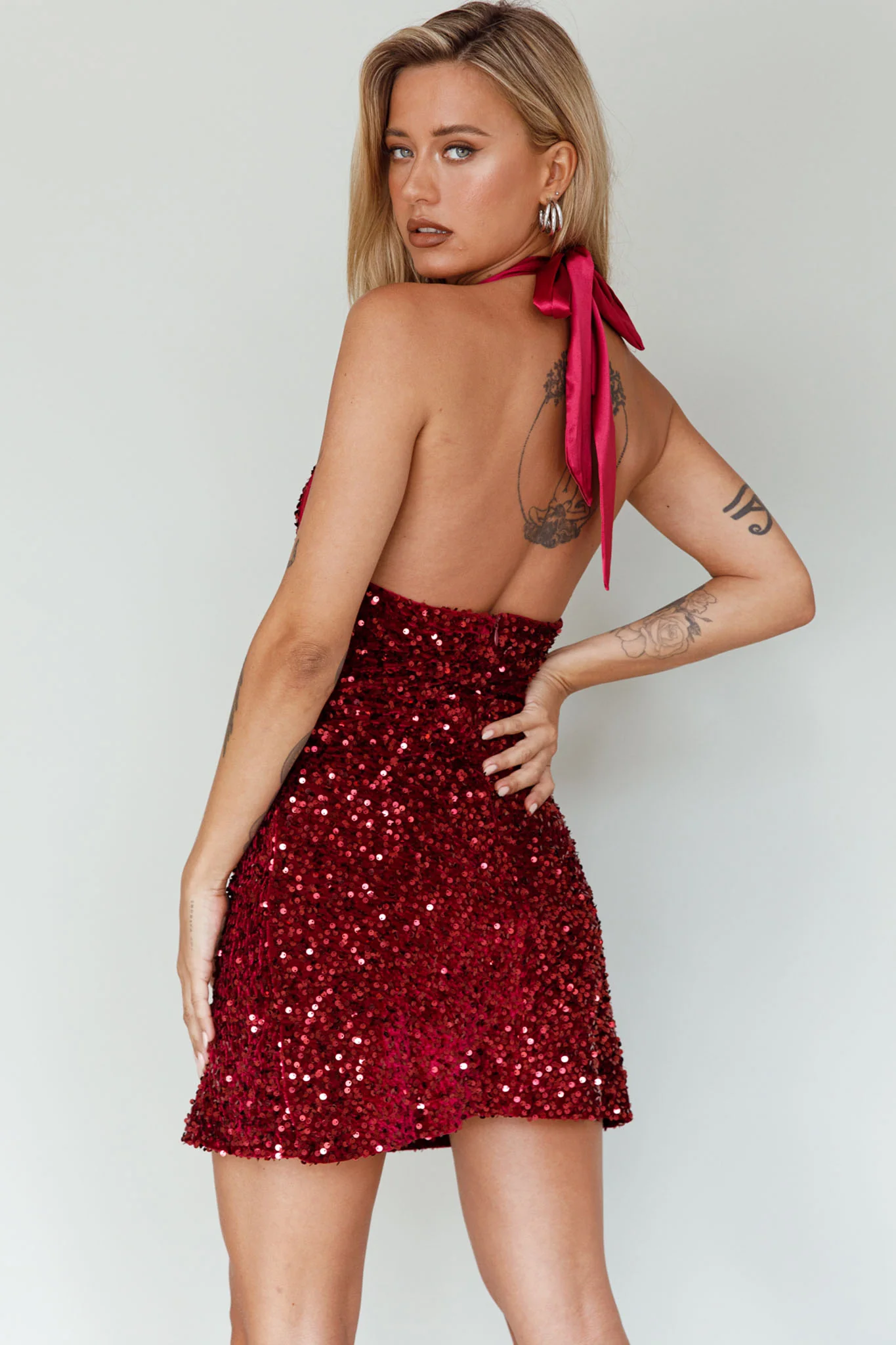 Star Lights Halterneck Mini Dress Sequin Merlot - Image 7