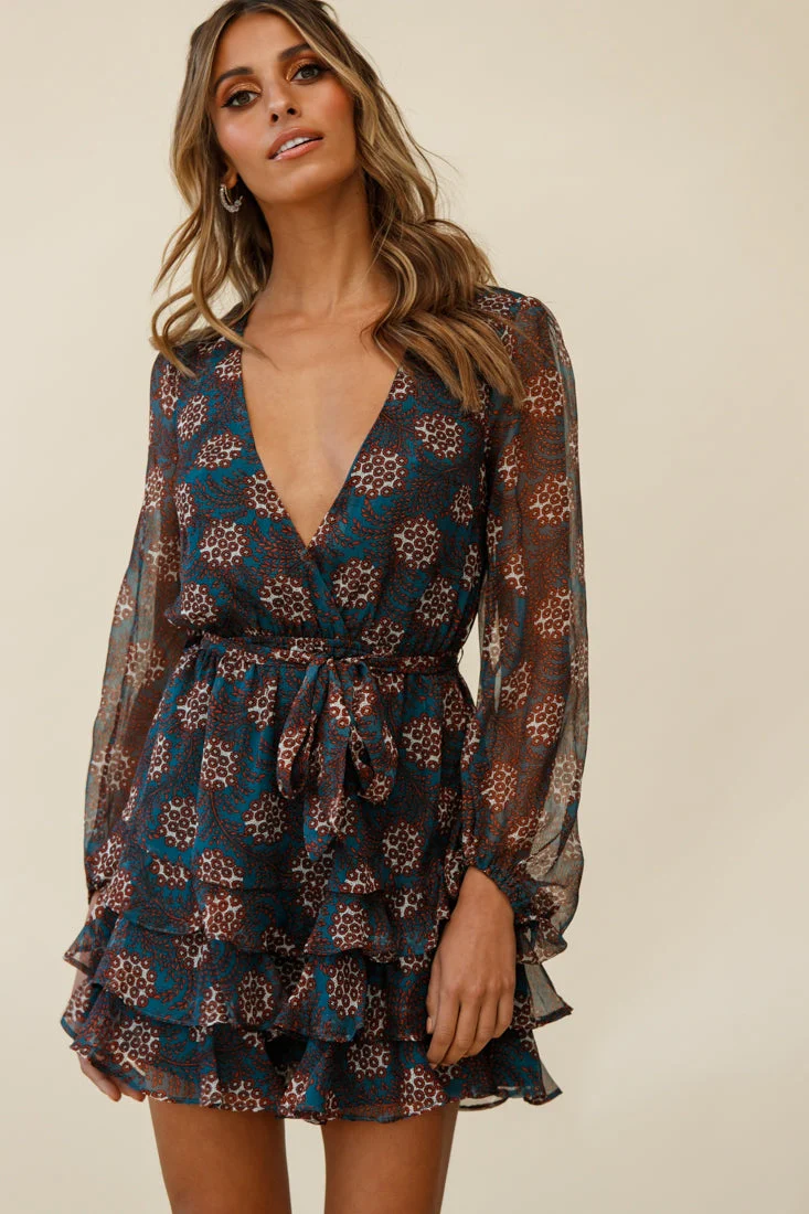 Starlight Balloon Sleeve Layered Frill Dress Floral Print Teal - Image 4